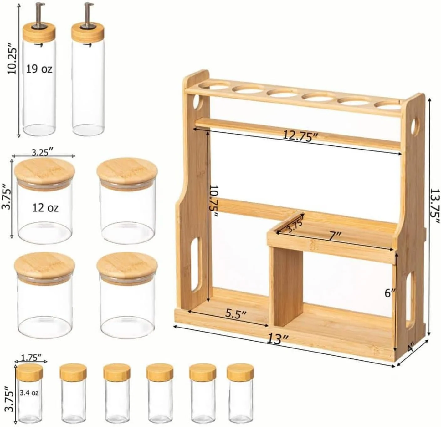 جا ادویه ای 3 طبقه بامبو با 6 شیشه ادویه، 4 شیشه ذخیره سازی درب دار و 2 روغن ریز – نظم دهنده رومیزی آشپزخانه برای ادویه جات، گیاهان، چاشنی ها و چاشنی ها