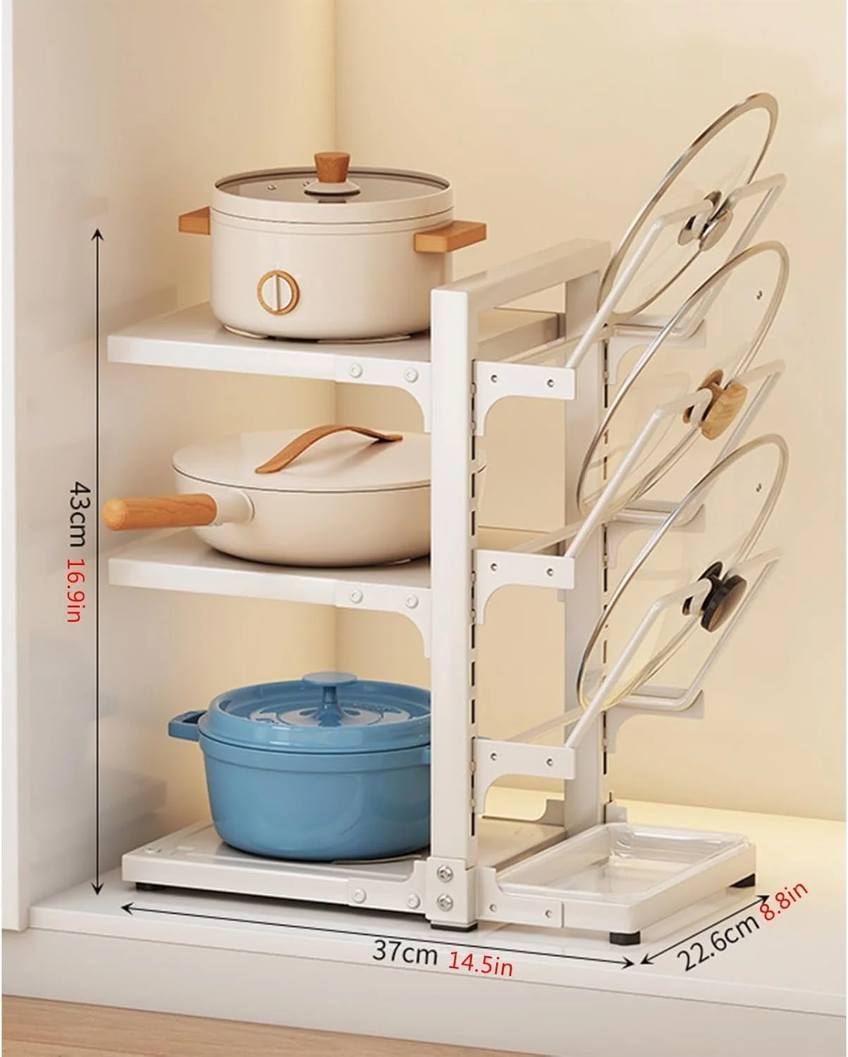 قفسه سازمان دهنده 3 طبقه قابل تنظیم برای قابلمه و تابه، طراحی ایمن ضد واژگونی، فضای ذخیره سازی چند منظوره برای آشپزخانه، انبار، گاراژ یا حمام قفسه سازمان دهنده 3 طبقه قابل تنظیم برای قابلمه و تابه، طراحی ایمن ضد واژگونی، فضای ذخیره سازی چند منظوره برای آشپزخانه، انبار، گاراژ یا حمام