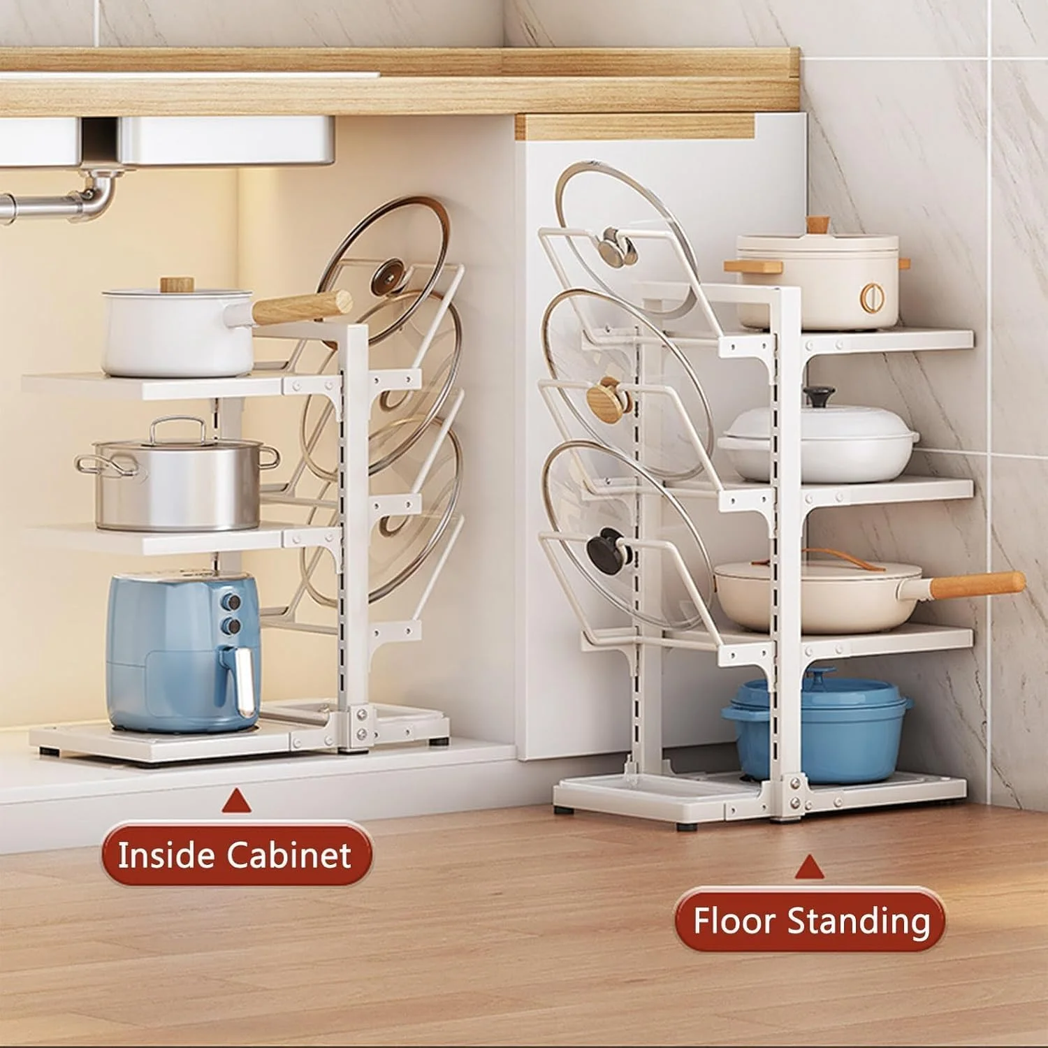 قفسه سازمان دهنده 3 طبقه قابل تنظیم برای قابلمه و تابه، طراحی ایمن ضد واژگونی، فضای ذخیره سازی چند منظوره برای آشپزخانه، انبار، گاراژ یا حمام قفسه سازمان دهنده 3 طبقه قابل تنظیم برای قابلمه و تابه، طراحی ایمن ضد واژگونی، فضای ذخیره سازی چند منظوره برای آشپزخانه، انبار، گاراژ یا حمام