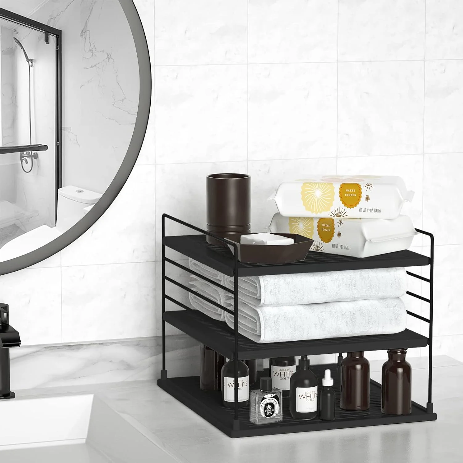 سازمان‌دهنده‌های کابینت آشپزخانه قابل تنظیم TOPSKY و ظروف نگهداری مواد غذایی - قفسه‌های ABS ضد لغزش برای فویل، روکش پلاستیکی، تنقلات، طراحی کرومی با مونتاژ آسان، سازمان‌دهنده‌های زیر سینک (2، مشکی)