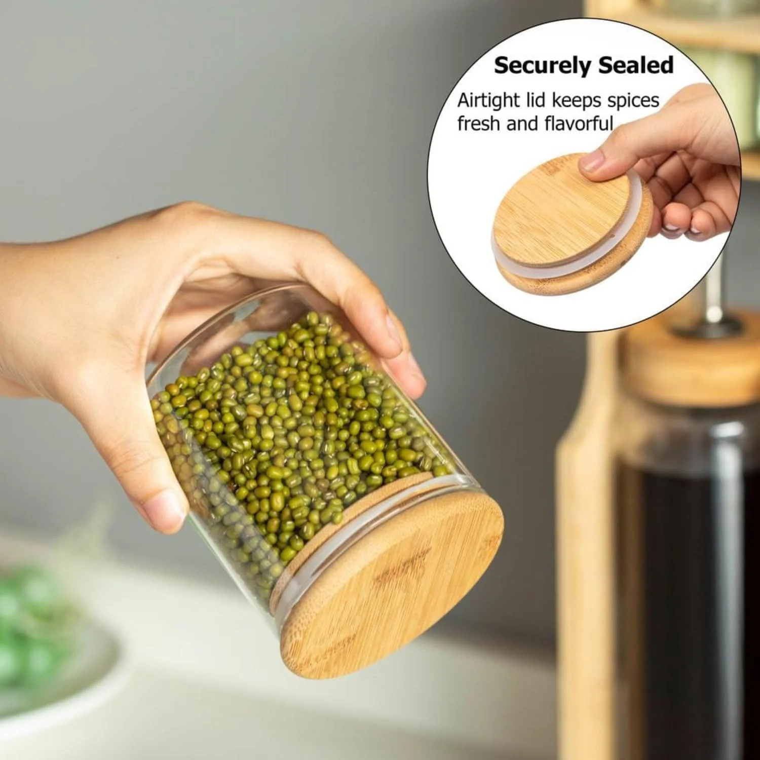 جا ادویه ای 3 طبقه بامبو با 6 شیشه ادویه، 4 شیشه ذخیره سازی درب دار و 2 روغن ریز – نظم دهنده رومیزی آشپزخانه برای ادویه جات، گیاهان، چاشنی ها و چاشنی ها