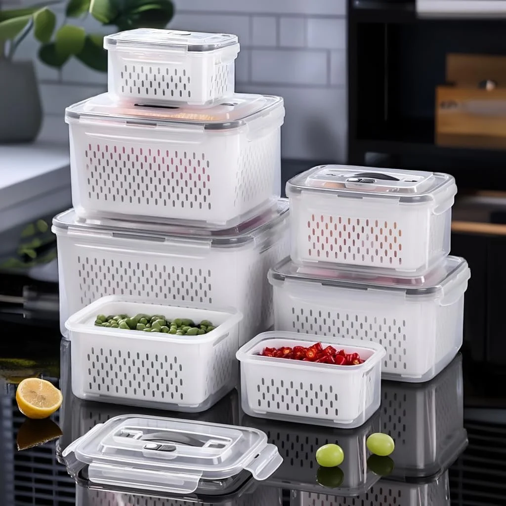 ست 6 عددی - 24 تکه جعبه های نگهداری هوشمند آشپزخانه YAH - ضد هوا، قابل استفاده در مایکروویو و فریزر. سازمان دهنده یخچال و کابینت - ظروف بادوام - سبدهای آبکش و جداکننده برای آشپزخانه، غذا و سبزیجات