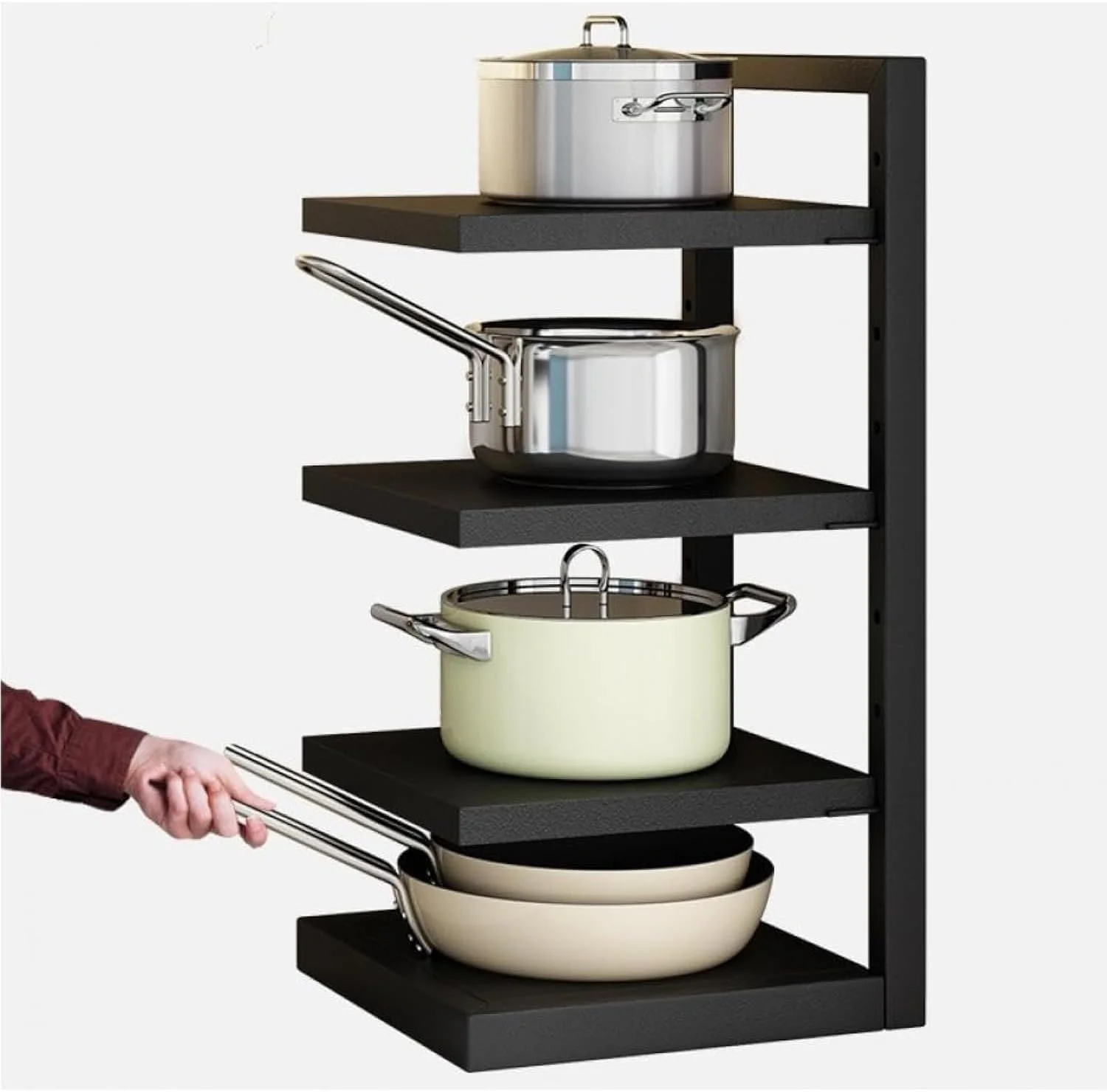 ارگانایزر قابلمه و تابه Aiwanto، قفسه ارگانایزر تابه برای کابینت زیر سینک، ارگانایزر و نگهداری، قفسه قابلمه قابل تنظیم و چسبان برای سازماندهی و نگهداری آشپزخانه (4 طبقه)
