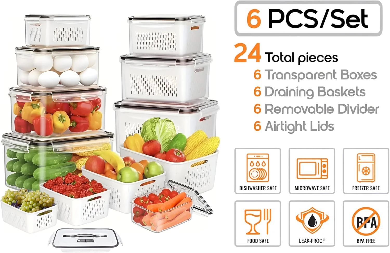 ست 6 عددی - 24 تکه جعبه های نگهداری هوشمند آشپزخانه YAH - ضد هوا، قابل استفاده در مایکروویو و فریزر. سازمان دهنده یخچال و کابینت - ظروف بادوام - سبدهای آبکش و جداکننده برای آشپزخانه، غذا و سبزیجات