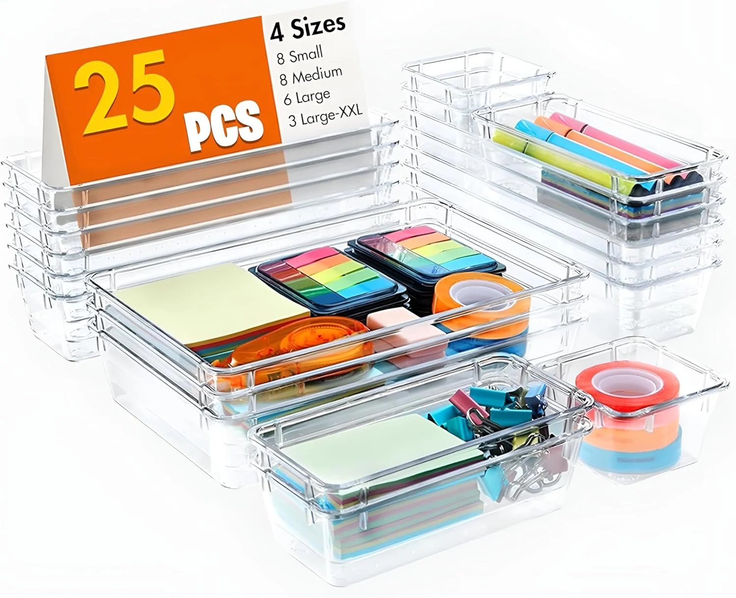 25-Pack Clear Plastic Drawer Organizers – 4 Multi-Sizes Storage Bins with Non-Slip Pads | Stackable & Durable Desk, Vanity, Kitchen & Bathroom Drawer Dividers for Home & Office Organization