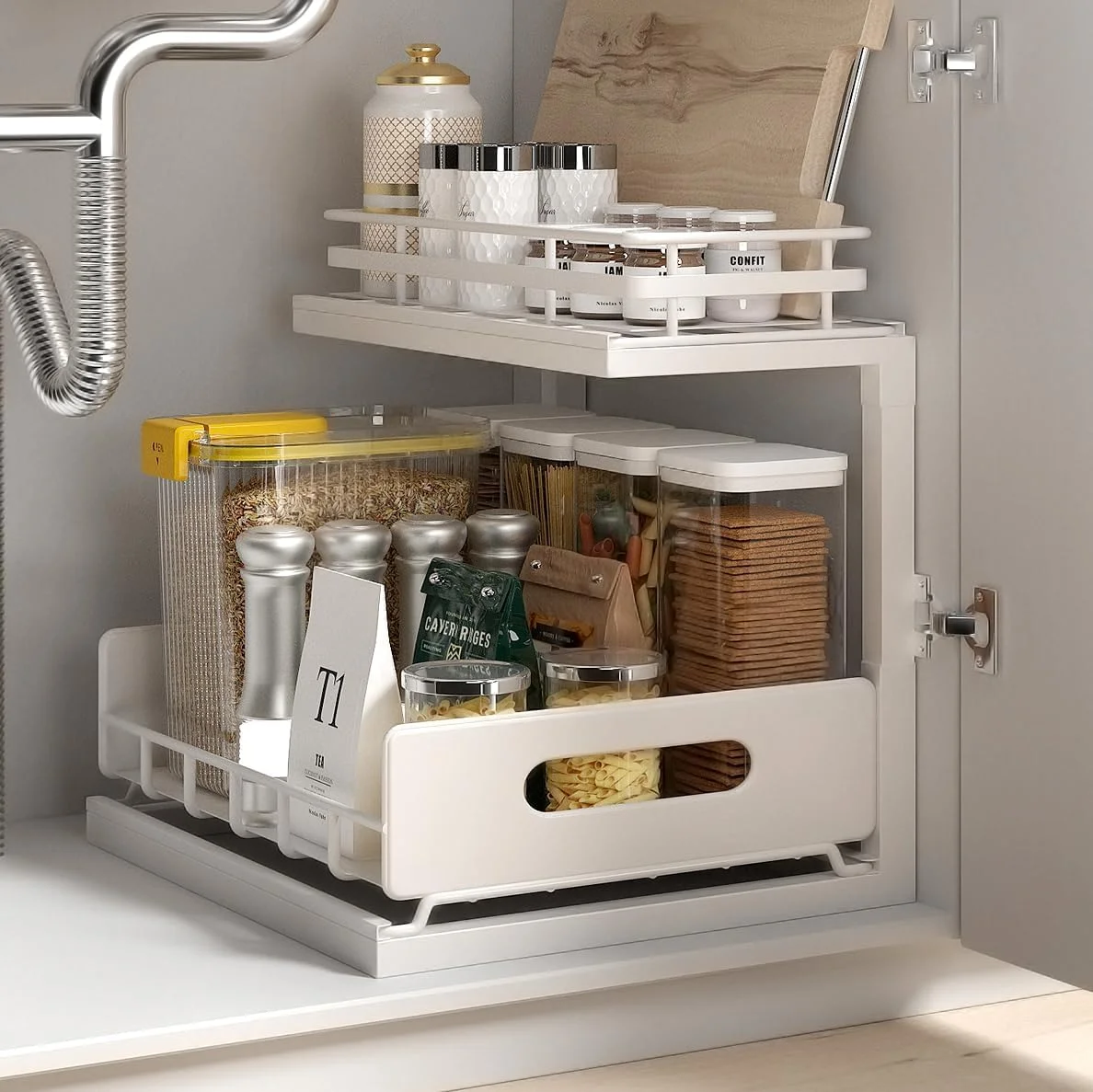 یک بسته ارگانایزر و محل نگهداری زیر سینک با ارتفاع قابل تنظیم 37.5 تا 40 سانتی متر، قفسه کشویی دو طبقه زیر کابینت، کشوی کشویی چند منظوره برای آشپزخانه، حمام، اتاق لباسشویی - سفید