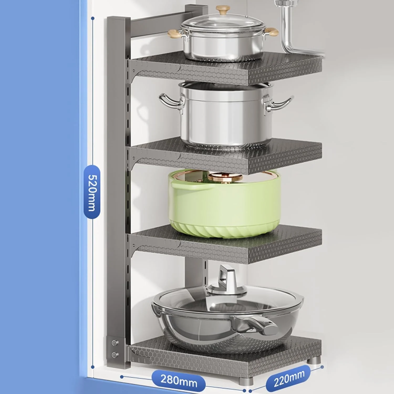Adjustable Height & Position 4‑Tier Pots & Pans Organizer Rack – Heavy‑Duty Pot & Lid Holder for Kitchen Cabinets or Counter | Modular Layout, Space‑Saving Design