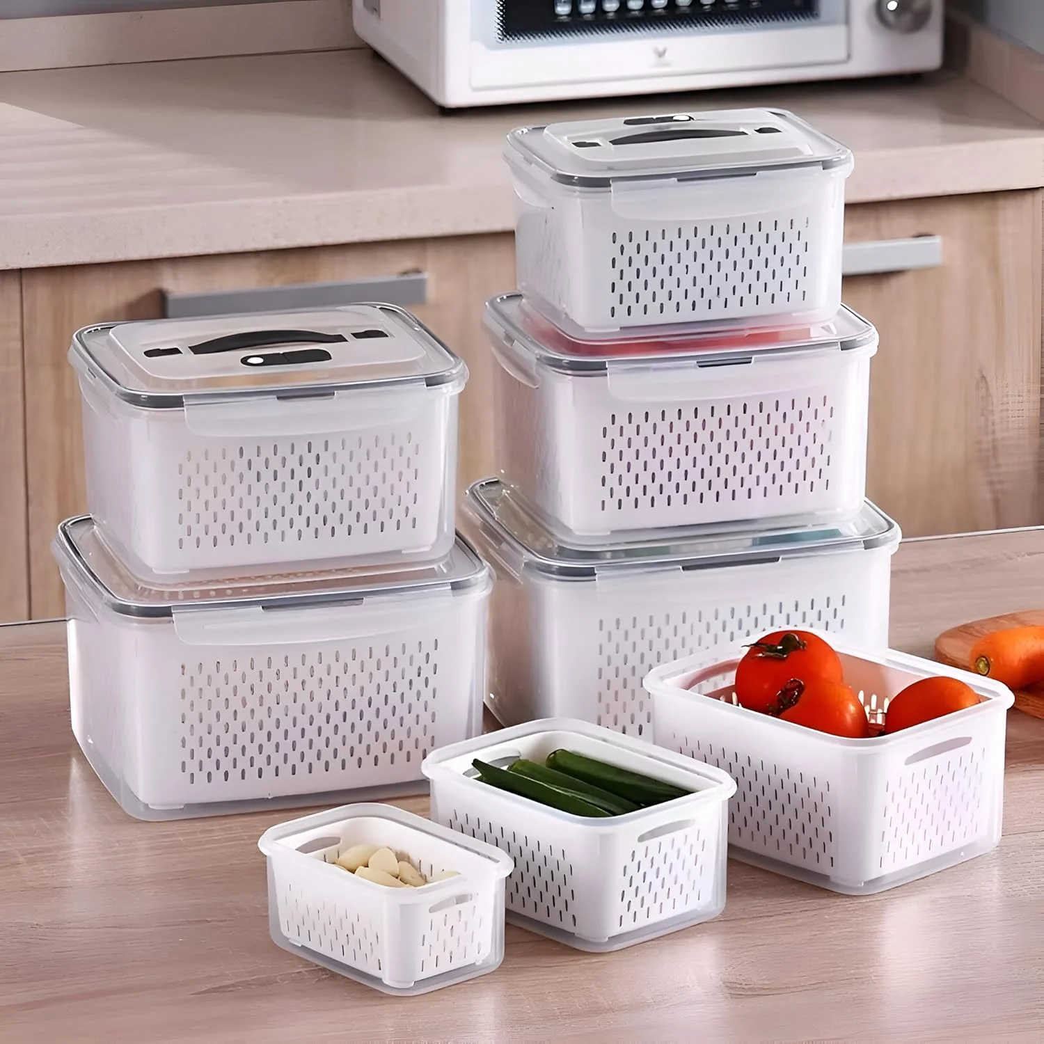 ست 6 عددی - 24 تکه جعبه های نگهداری هوشمند آشپزخانه YAH - ضد هوا، قابل استفاده در مایکروویو و فریزر. سازمان دهنده یخچال و کابینت - ظروف بادوام - سبدهای آبکش و جداکننده برای آشپزخانه، غذا و سبزیجات