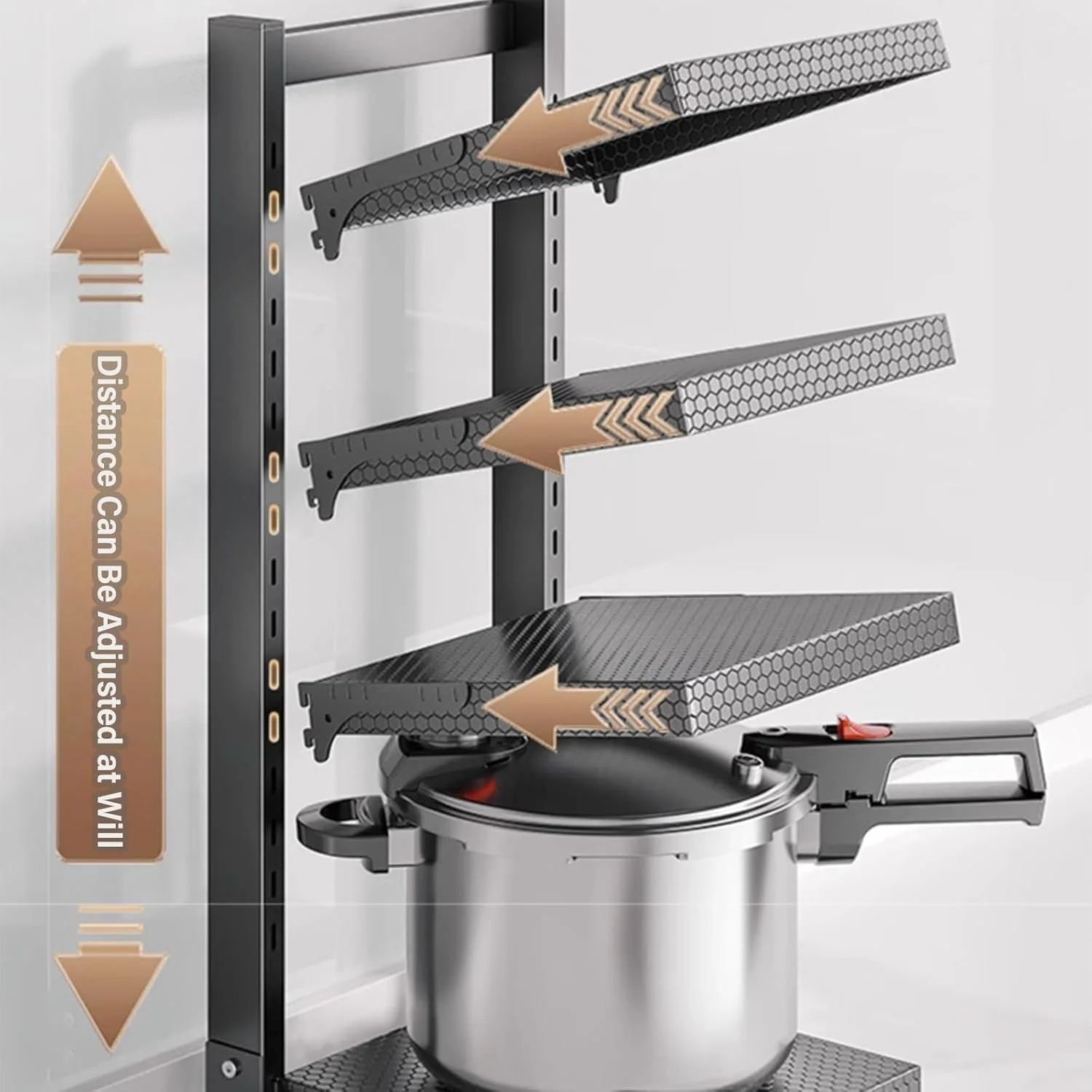 Adjustable Height & Position 4‑Tier Pots & Pans Organizer Rack – Heavy‑Duty Pot & Lid Holder for Kitchen Cabinets or Counter | Modular Layout, Space‑Saving Design