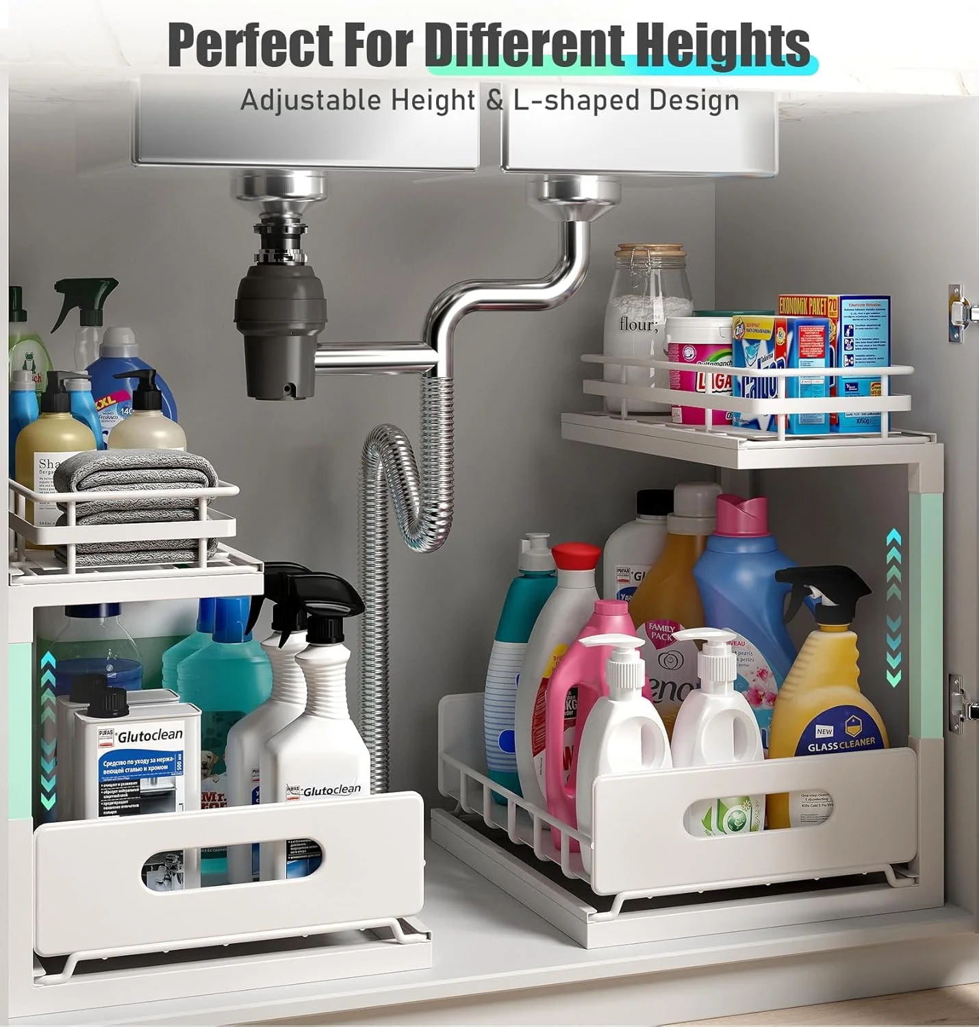یک بسته ارگانایزر و محل نگهداری زیر سینک با ارتفاع قابل تنظیم 37.5 تا 40 سانتی متر، قفسه کشویی دو طبقه زیر کابینت، کشوی کشویی چند منظوره برای آشپزخانه، حمام، اتاق لباسشویی - سفید