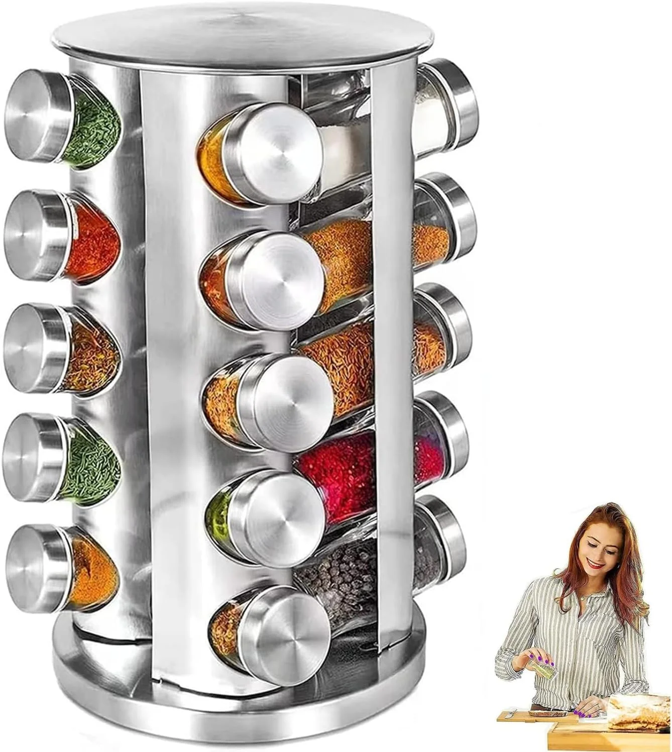 جا ادویه ای 20 تایی - ست 5 طبقه قفسه ادویه چرخشی، سازمان دهنده ادویه استیل ضد زنگ برای روی میز آشپزخانه، کابینت