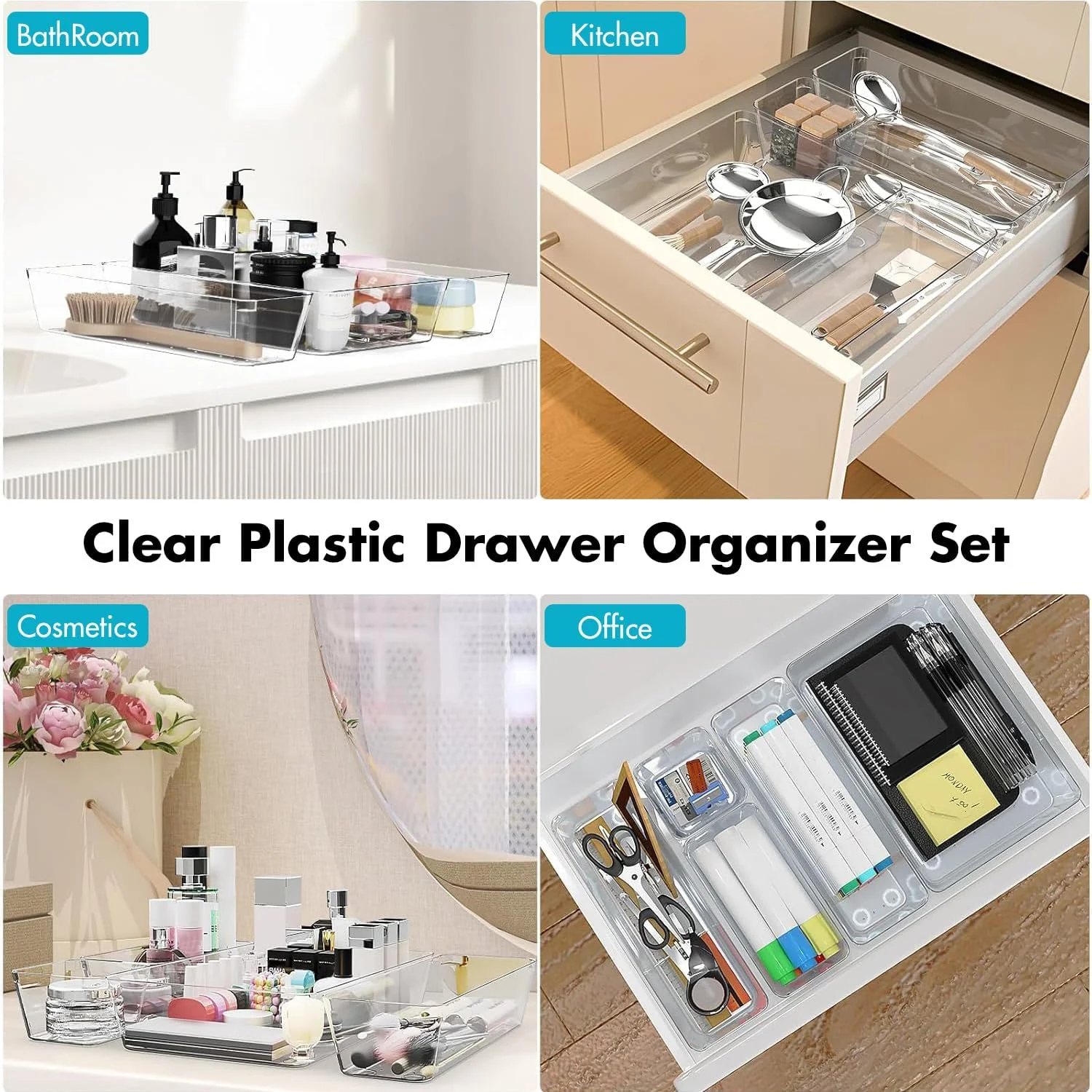 25-Pack Clear Plastic Drawer Organizers – 4 Multi-Sizes Storage Bins with Non-Slip Pads | Stackable & Durable Desk, Vanity, Kitchen & Bathroom Drawer Dividers for Home & Office Organization