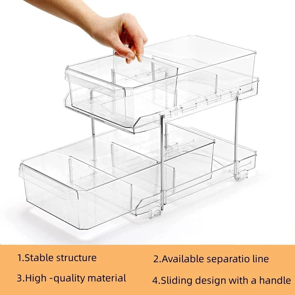 سازمان دهنده کابینت دو طبقه کشویی با جداکننده - محفظه شفاف برای نگهداری وسایل حمام و آشپزخانه، مناسب زیر سینک، انبار و سازماندهی داروها سازمان دهنده کابینت دو طبقه کشویی با جداکننده - محفظه شفاف برای نگهداری وسایل حمام و آشپزخانه، مناسب زیر سینک، انبار و سازماندهی داروها