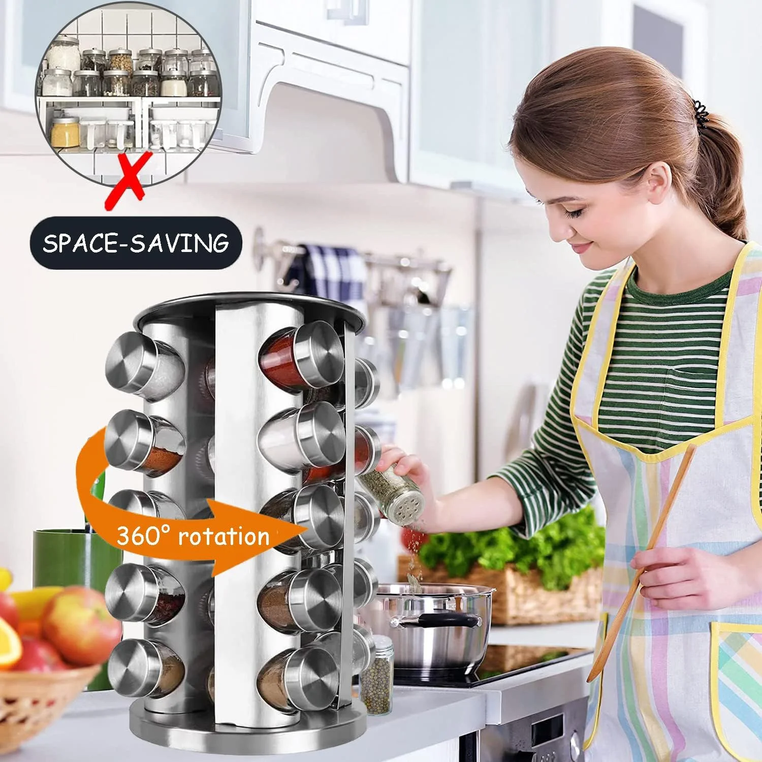 جا ادویه ای 20 تایی - ست 5 طبقه قفسه ادویه چرخشی، سازمان دهنده ادویه استیل ضد زنگ برای روی میز آشپزخانه، کابینت