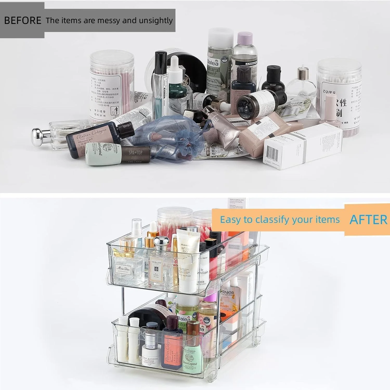 سازمان دهنده کابینت دو طبقه کشویی با جداکننده - محفظه شفاف برای نگهداری وسایل حمام و آشپزخانه، مناسب زیر سینک، انبار و سازماندهی داروها سازمان دهنده کابینت دو طبقه کشویی با جداکننده - محفظه شفاف برای نگهداری وسایل حمام و آشپزخانه، مناسب زیر سینک، انبار و سازماندهی داروها