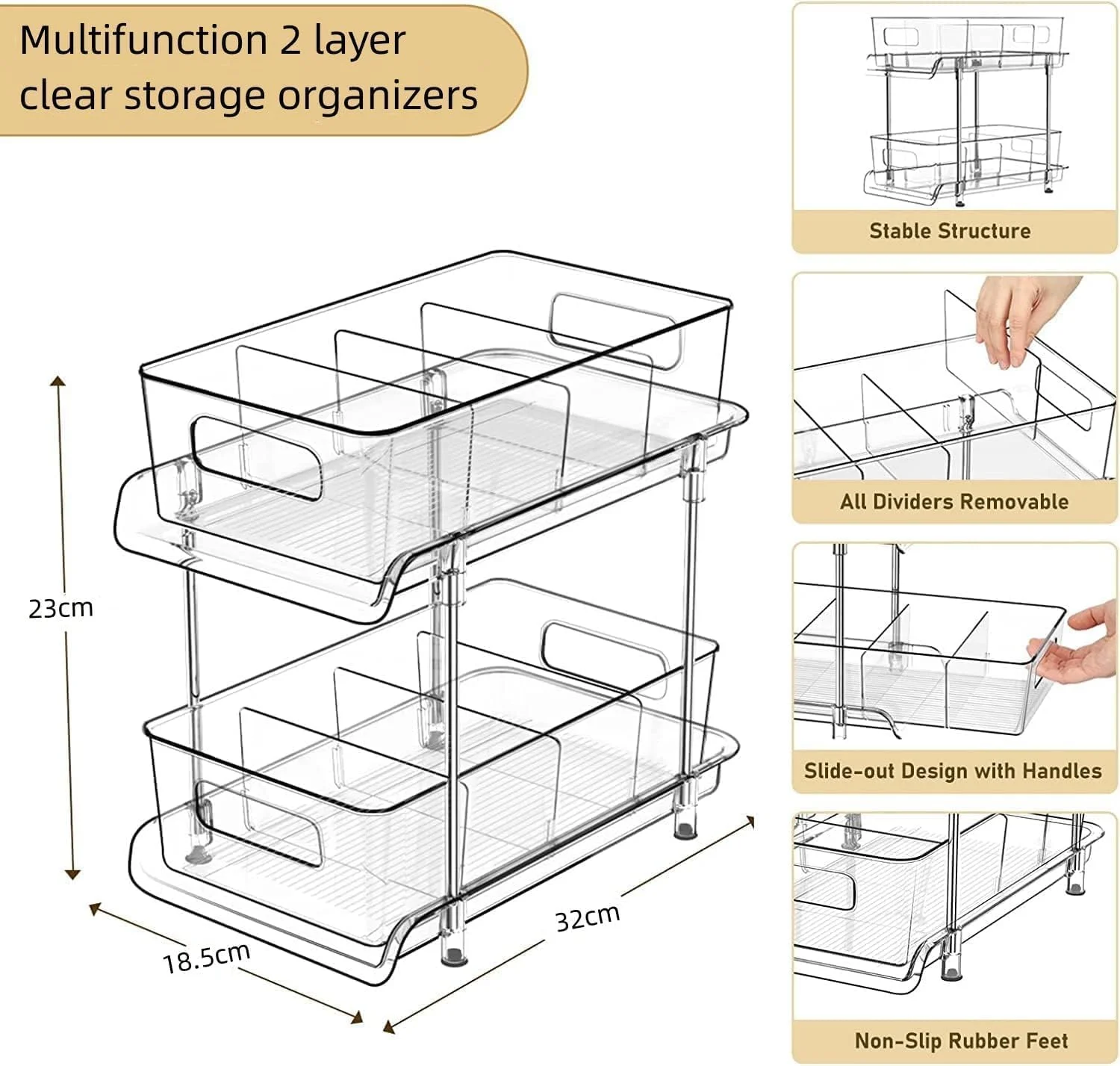 سازمان دهنده کابینت دو طبقه کشویی با جداکننده - محفظه شفاف برای نگهداری وسایل حمام و آشپزخانه، مناسب زیر سینک، انبار و سازماندهی داروها سازمان دهنده کابینت دو طبقه کشویی با جداکننده - محفظه شفاف برای نگهداری وسایل حمام و آشپزخانه، مناسب زیر سینک، انبار و سازماندهی داروها