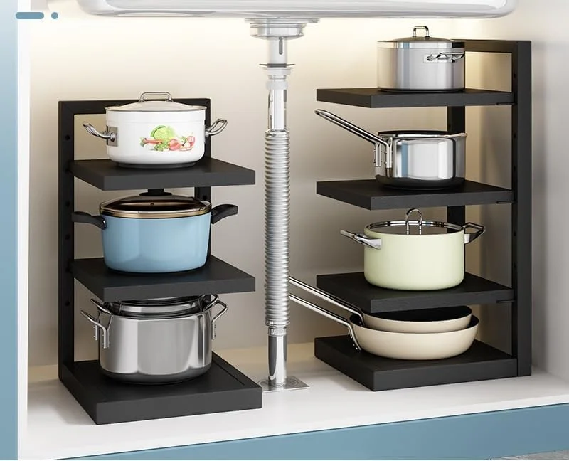 ارگانایزر قابلمه و تابه Aiwanto، قفسه ارگانایزر تابه برای کابینت زیر سینک، ارگانایزر و نگهداری، قفسه قابلمه قابل تنظیم و چسبان برای سازماندهی و نگهداری آشپزخانه (4 طبقه)