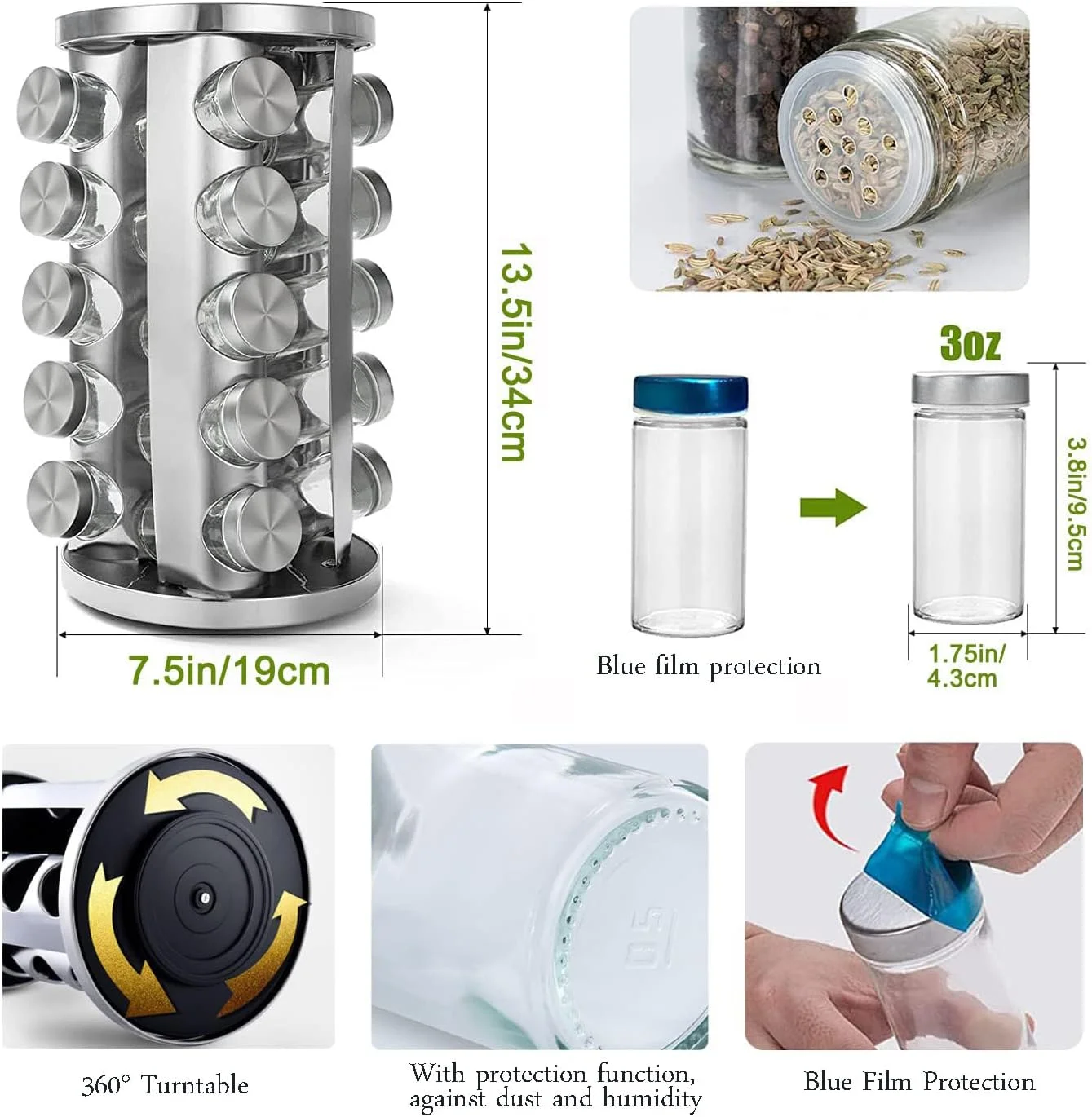 جا ادویه ای 20 تایی - ست 5 طبقه قفسه ادویه چرخشی، سازمان دهنده ادویه استیل ضد زنگ برای روی میز آشپزخانه، کابینت