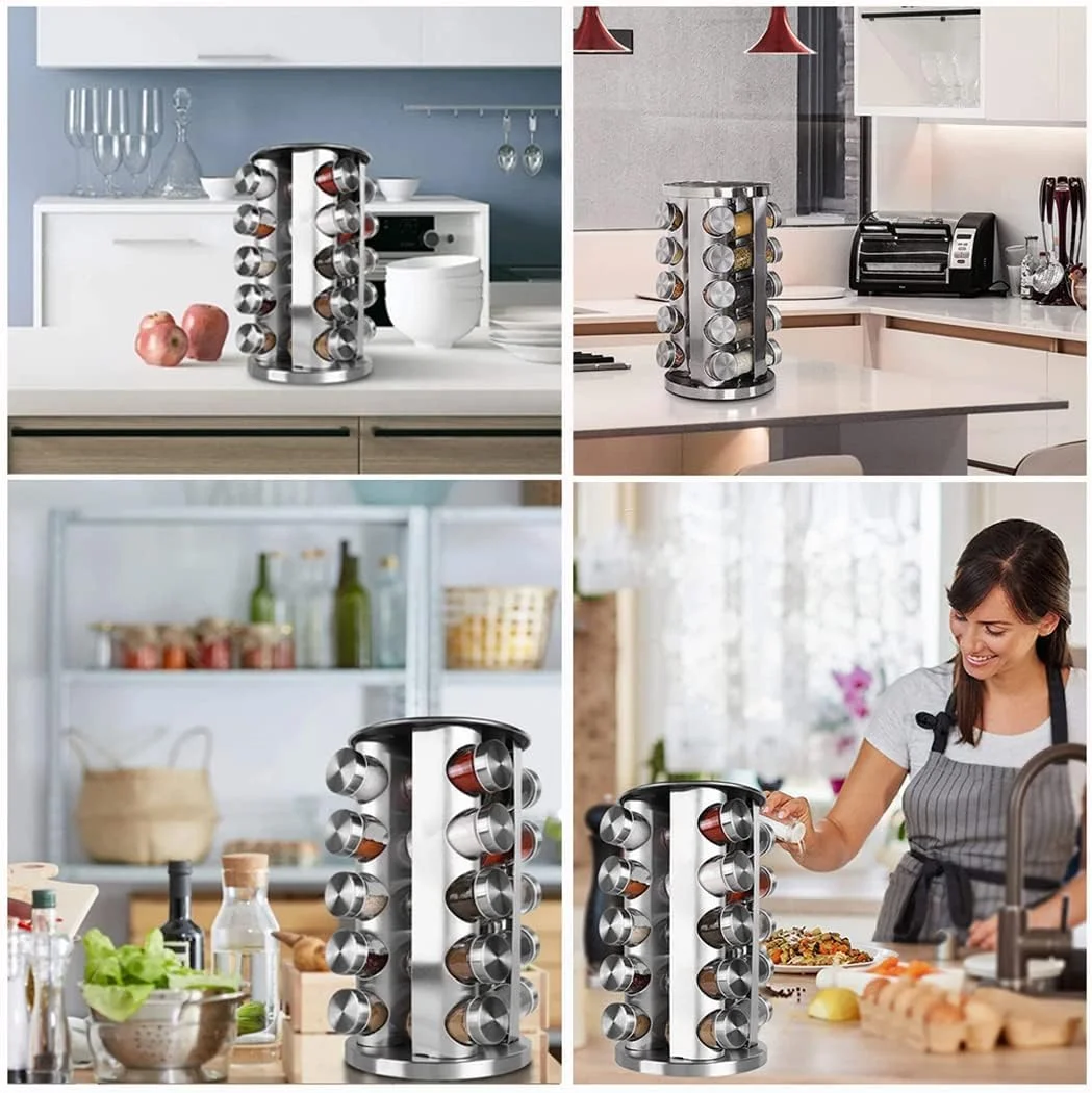 جا ادویه ای 20 تایی - ست 5 طبقه قفسه ادویه چرخشی، سازمان دهنده ادویه استیل ضد زنگ برای روی میز آشپزخانه، کابینت