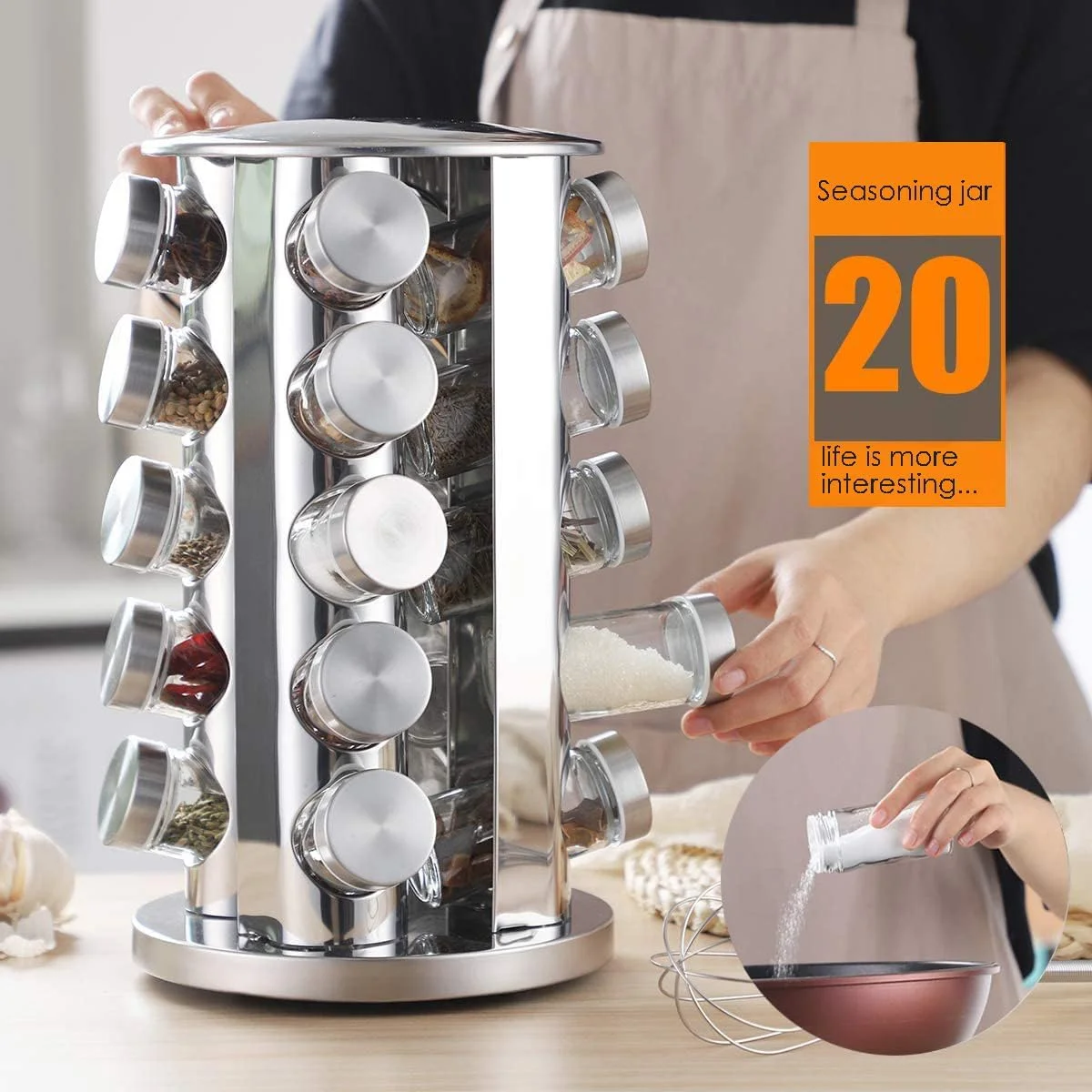 جا ادویه ای 20 تایی - ست 5 طبقه قفسه ادویه چرخشی، سازمان دهنده ادویه استیل ضد زنگ برای روی میز آشپزخانه، کابینت