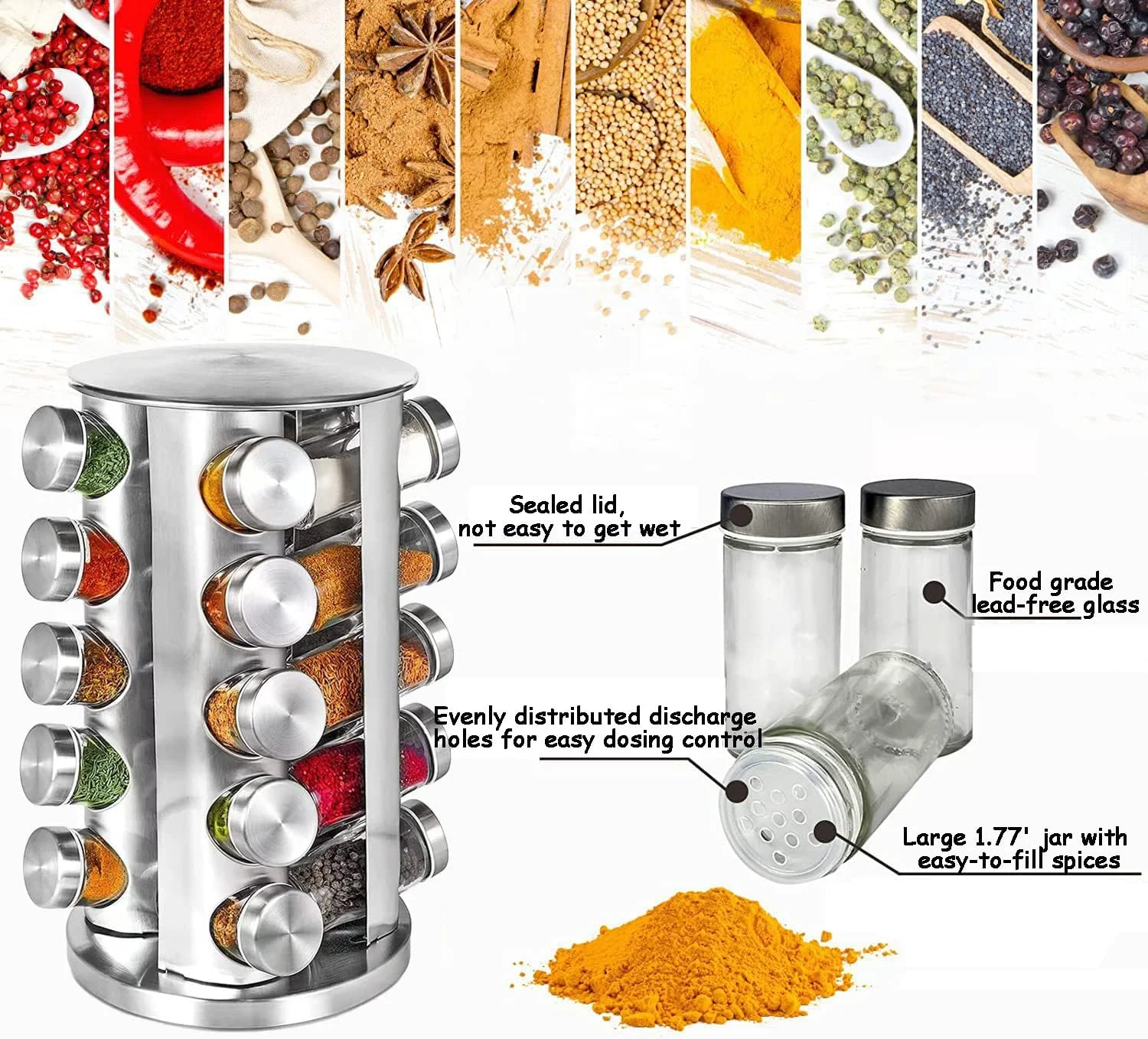 جا ادویه ای 20 تایی - ست 5 طبقه قفسه ادویه چرخشی، سازمان دهنده ادویه استیل ضد زنگ برای روی میز آشپزخانه، کابینت