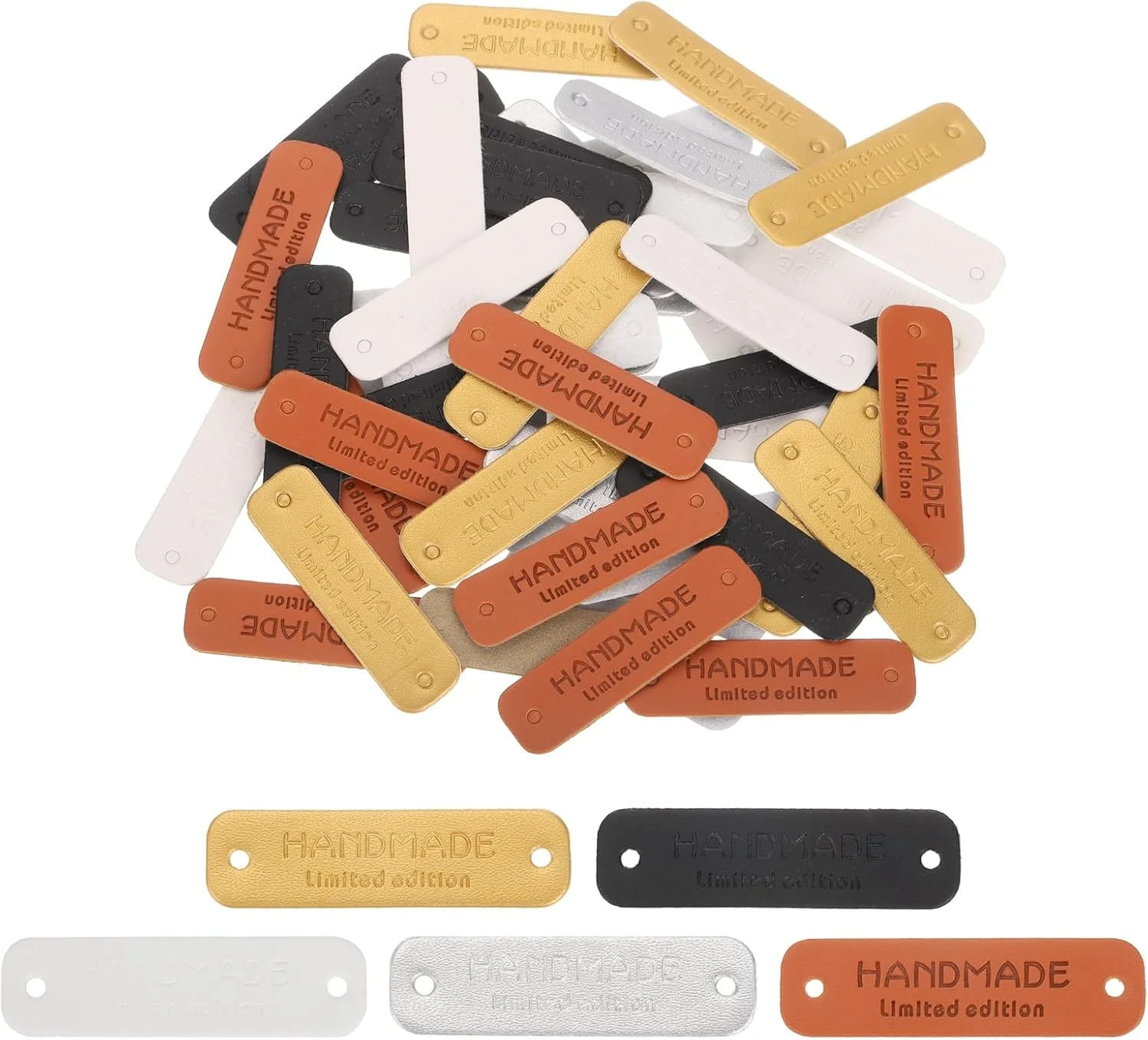 QUARKZMAN Pack of 50 Handmade Leather Labels, PU Leather Handmade Buttons with Hole Embossed Label for Embellishment DIY Sewing Crafts 55 x 15 mm, 5 Colours