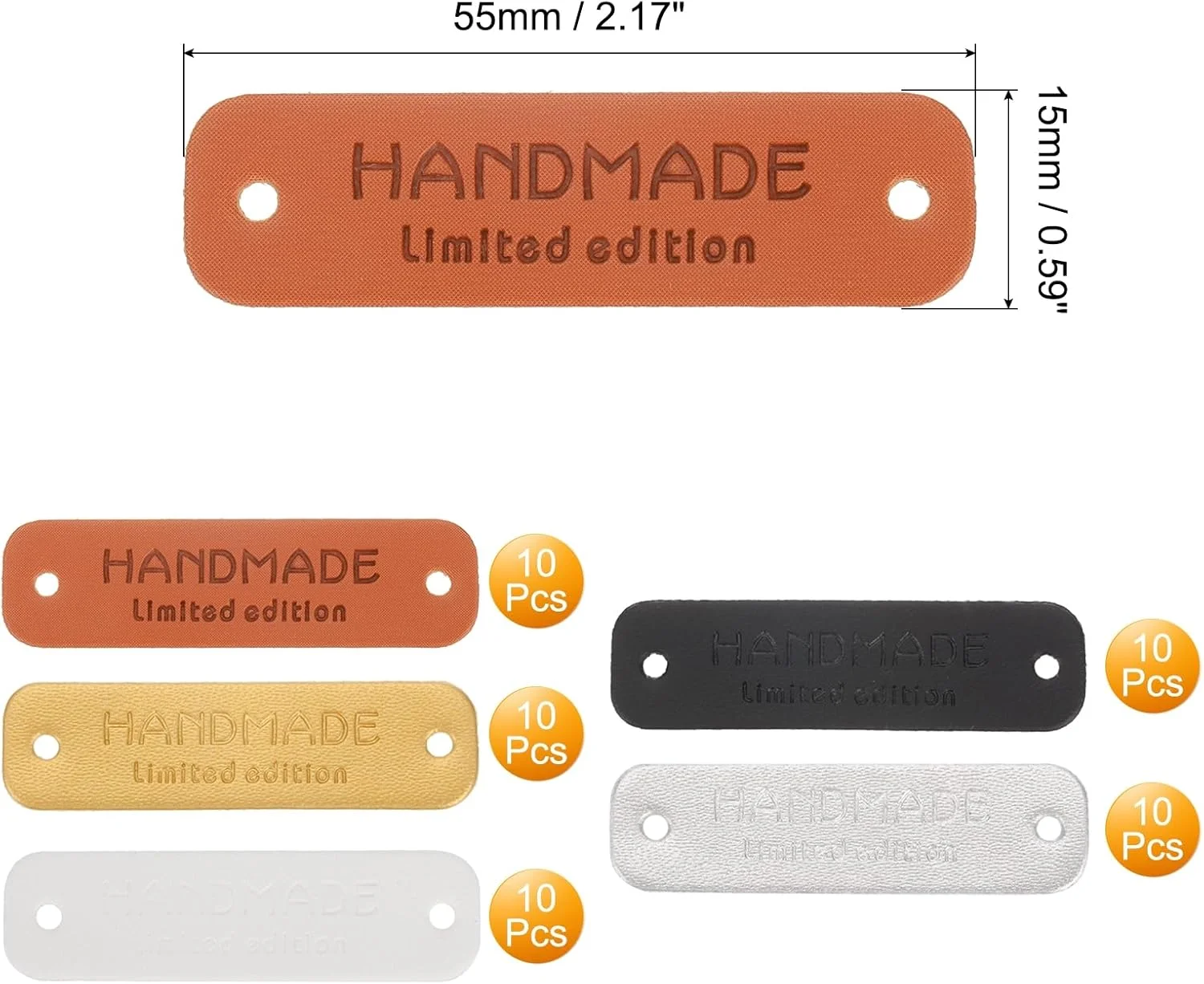 QUARKZMAN Pack of 50 Handmade Leather Labels, PU Leather Handmade Buttons with Hole Embossed Label for Embellishment DIY Sewing Crafts 55 x 15 mm, 5 Colours QUARKZMAN Pack of 50 Handmade Leather Labels, PU Leather Handmade Buttons with Hole Embossed Label for Embellishment DIY Sewing Crafts 55 x 15 mm, 5 Colours