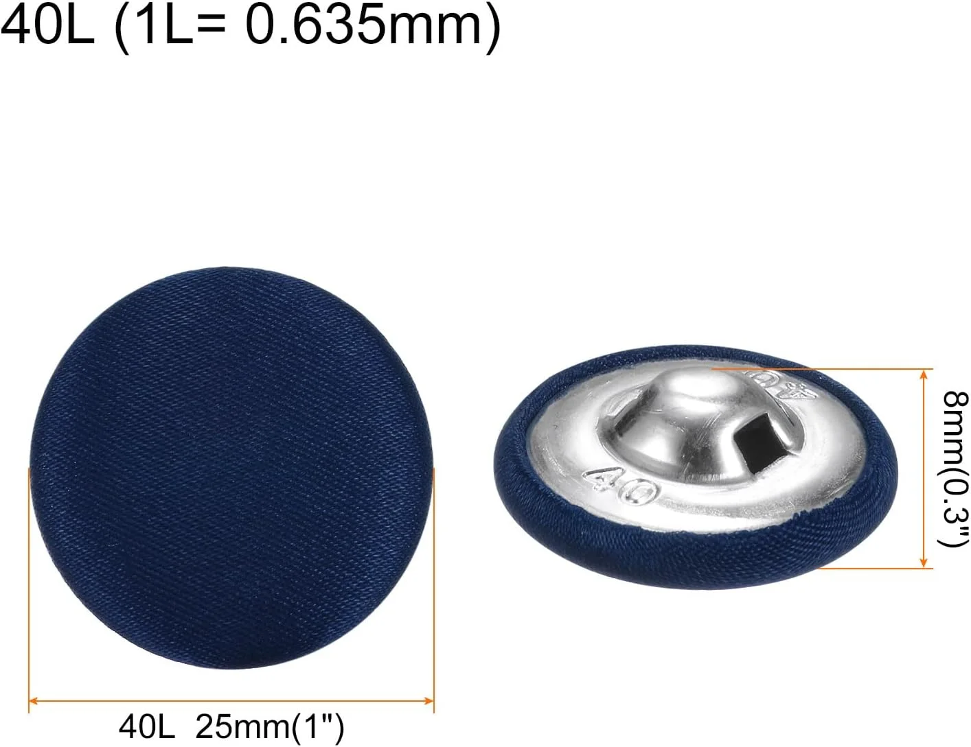 بسته 10 عددی دکمه های روکش پارچه ای 40 لیتری QUARKZMAN، دکمه های خیاطی فلزی ساقه دار گرد 25 میلی متری برای کت و شلوار، لباس، بلوز، ژاکت، آبی تیره