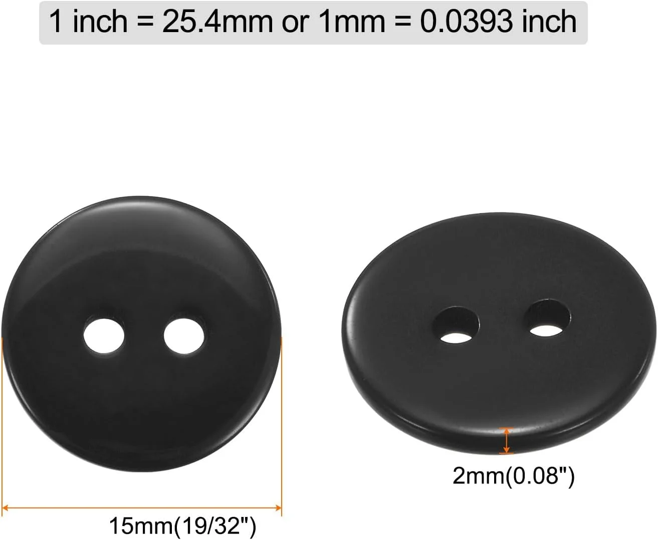 بسته 200 عددی دکمه خیاطی QUARKZMAN، سایز 5/8 اینچ (15 میلی متر)، 2 سوراخ، رزینی، گرد، دکمه های جایگزین برای لباس، تزئینات صنایع دستی DIY، مشکی