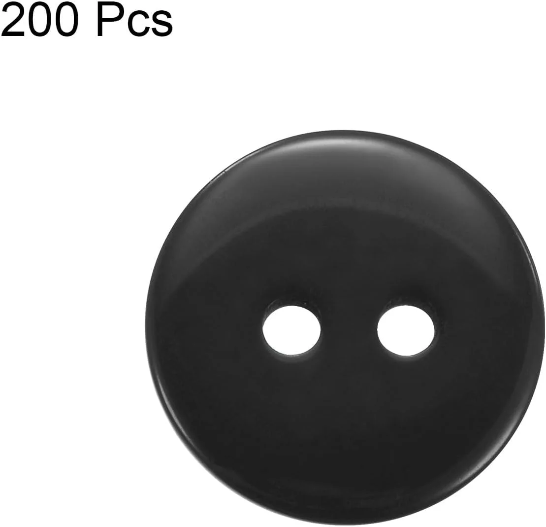بسته 200 عددی دکمه خیاطی QUARKZMAN، سایز 5/8 اینچ (15 میلی متر)، 2 سوراخ، رزینی، گرد، دکمه های جایگزین برای لباس، تزئینات صنایع دستی DIY، مشکی