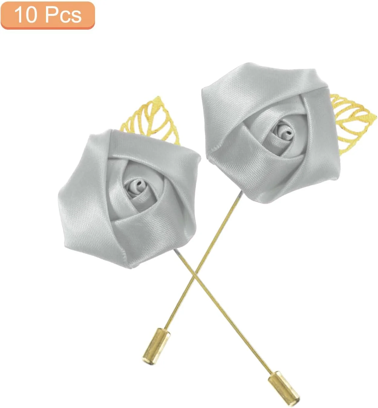 کوآرکزمان، بسته 10 عددی گل کت صورتی با سنجاق، 5x9 سانتی متر، مناسب مراسم عروسی، تولد، شام رسمی، تزئین لباس، خاکستری روشن