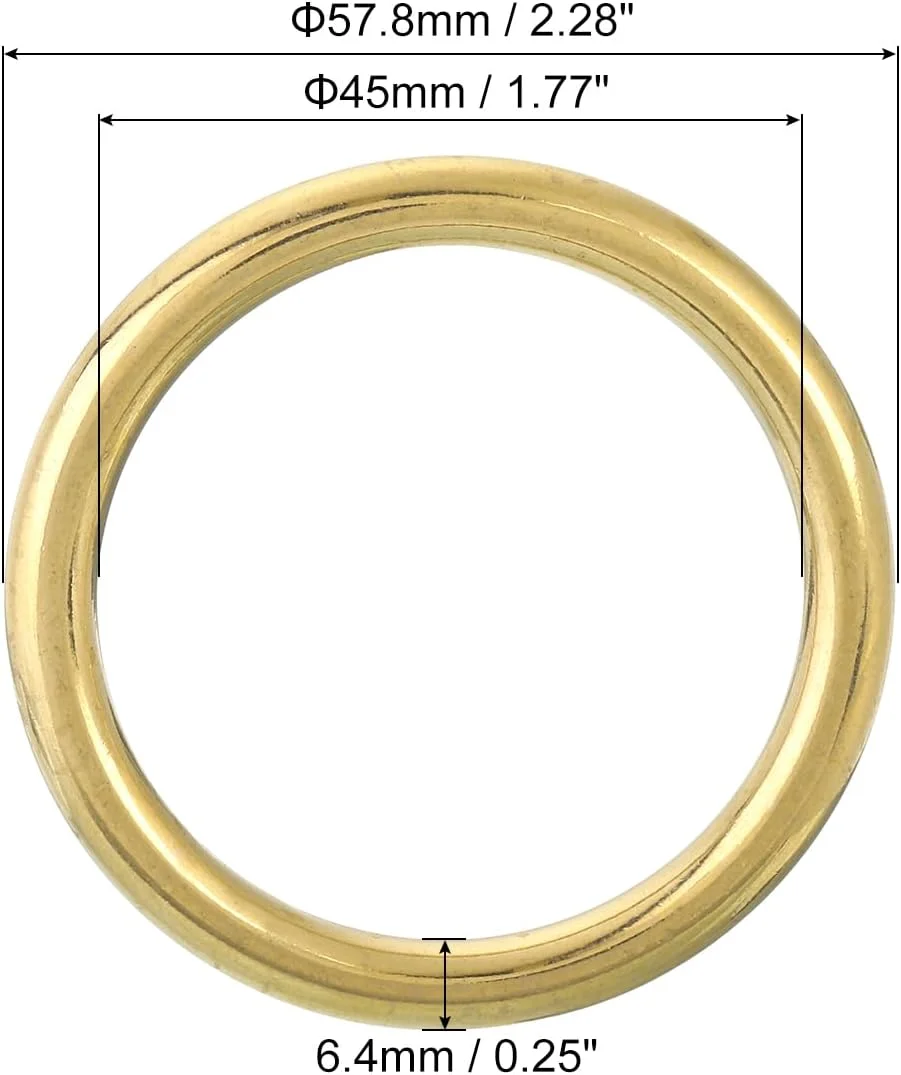 QUARKZMAN 1 عدد حلقه سگک 45 میلی متر/1.77 اینچ، حلقه برنجی بدون درز جوش داده شده با ضخامت 6.4 میلی متر برای چمدان، صنایع دستی، دکوراسیون DIY، رنگ طلایی