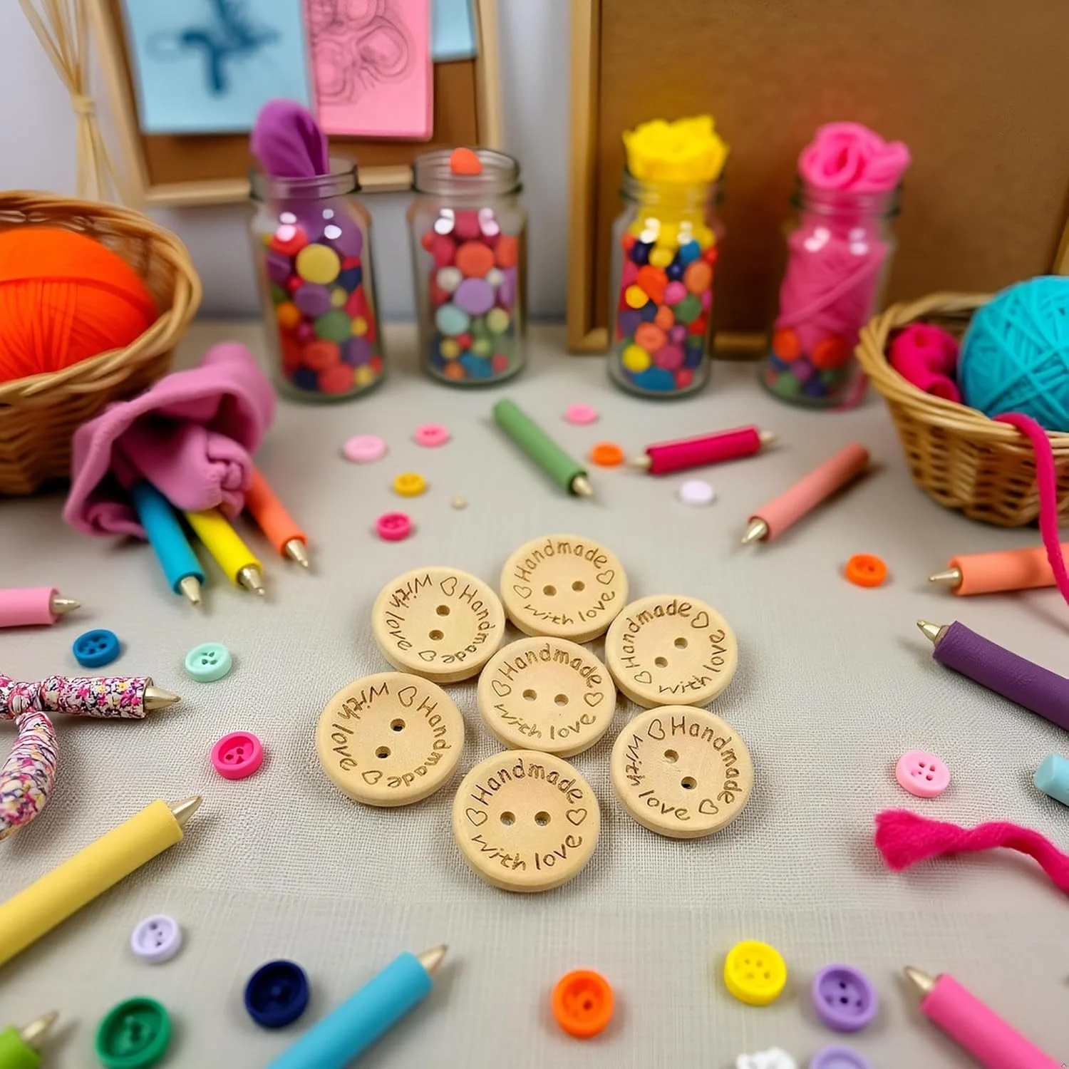 دکمه های قهوه ای Pxiryanlow، 50 عدد، گرد، 2 سوراخ، دست ساز با نوشته "با عشق"، دکمه چوبی، تزئینات خیاطی DIY، لوازم، بست ها (25 میلی متر)