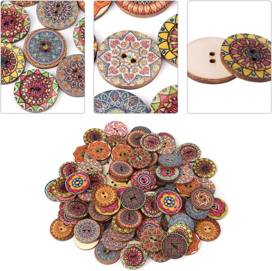 100 عدد دکمه چوبی گرد طرح دار مخلوط 25 میلی متری مناسب برای لباس، کوله پشتی، تزئینات اسکرپ بوک و پروژه های DIY 100 عدد دکمه چوبی گرد طرح دار مخلوط 25 میلی متری مناسب برای لباس، کوله پشتی، تزئینات اسکرپ بوک و پروژه های DIY
