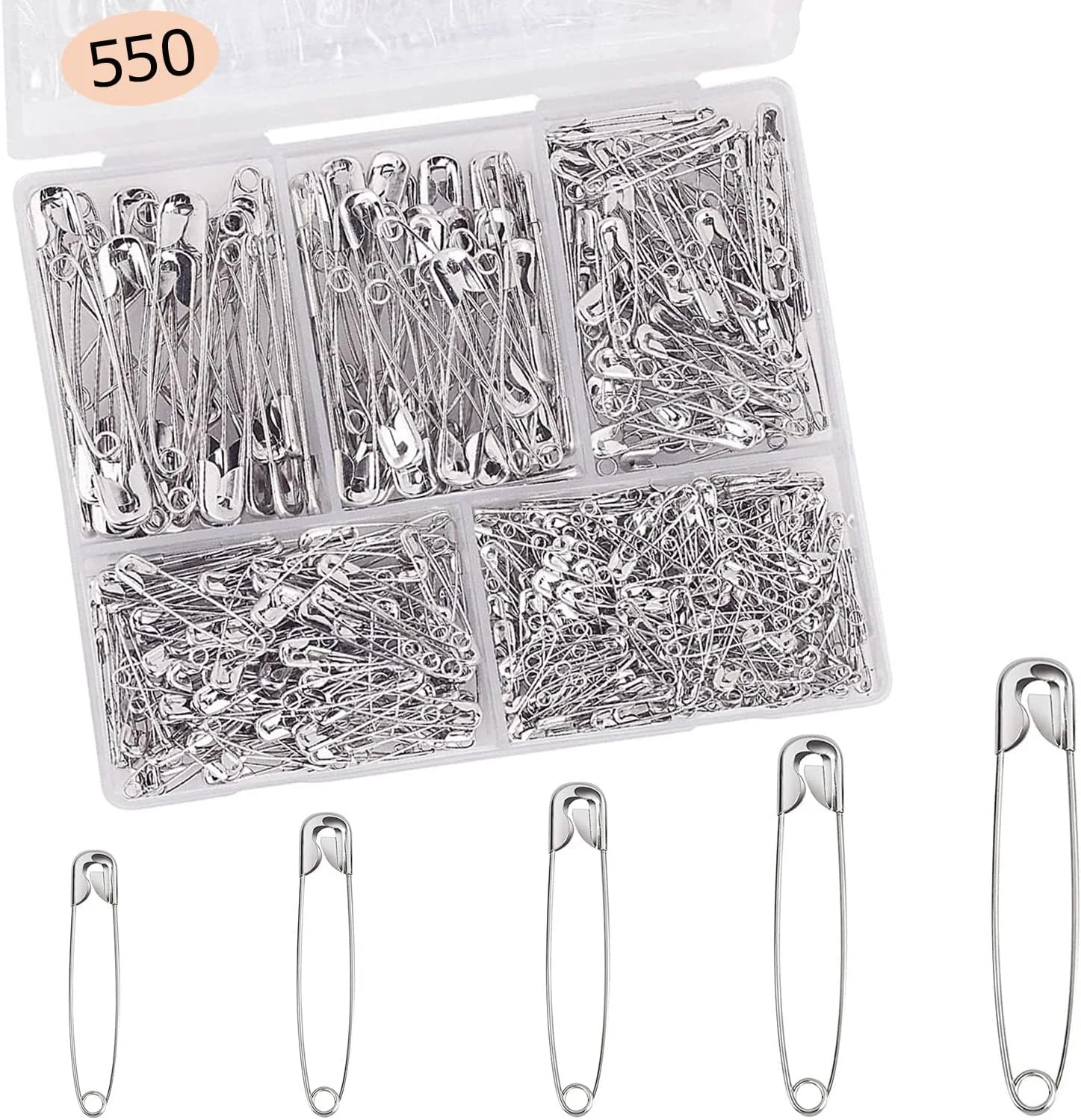 سنجاق قفلی لباس Premify، 550 عدد سنجاق قفلی ممتاز برای شال، روسری، سنجاق سینه، 5 سایز مختلف، مقاوم در برابر زنگ زدگی، به همراه جعبه نگهداری، مناسب برای DIY، صنایع دستی، خیاطی، لباس دوزی