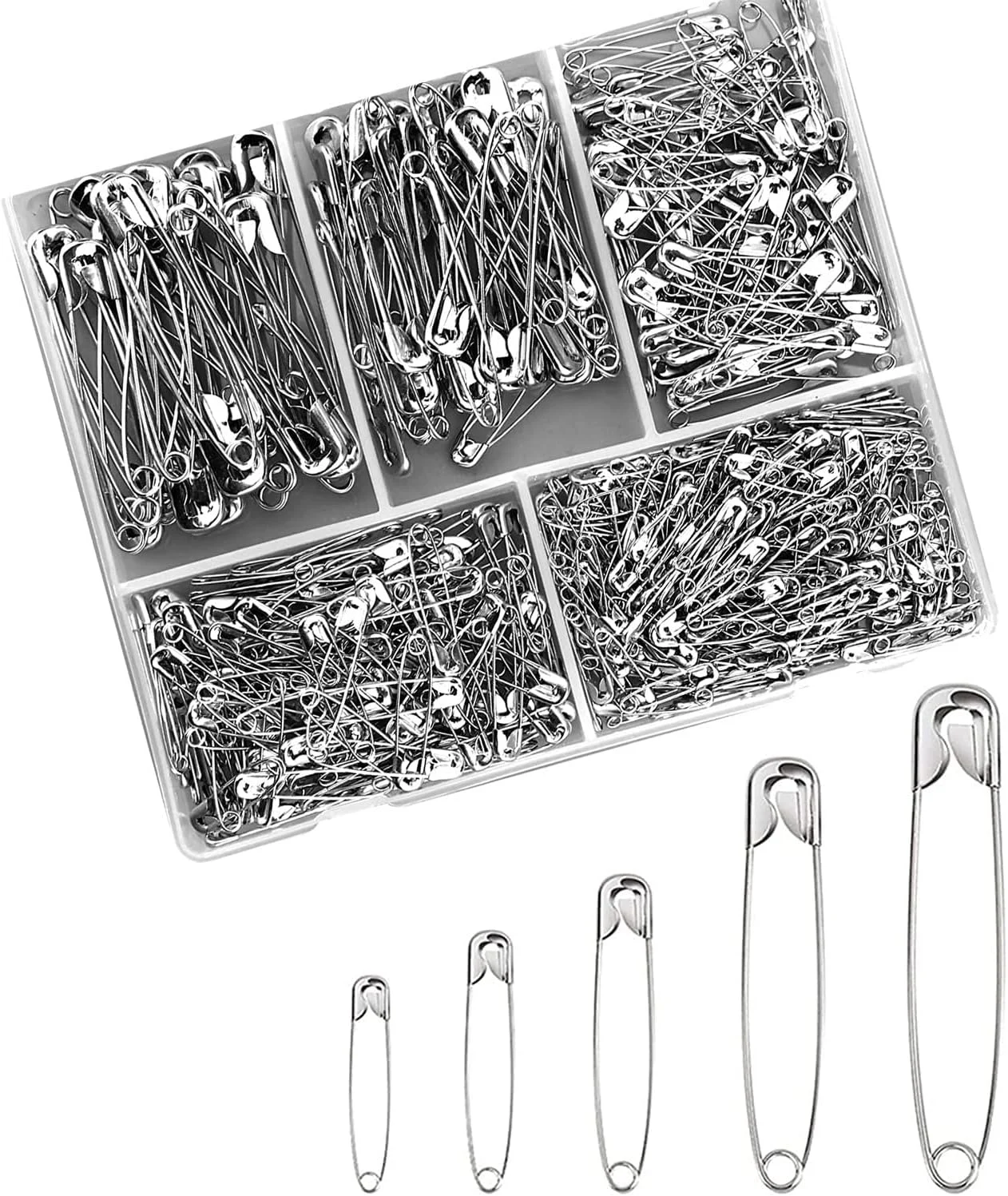 سنجاق قفلی لباس Premify، 550 عدد سنجاق قفلی ممتاز برای شال، روسری، سنجاق سینه، 5 سایز مختلف، مقاوم در برابر زنگ زدگی، به همراه جعبه نگهداری، مناسب برای DIY، صنایع دستی، خیاطی، لباس دوزی