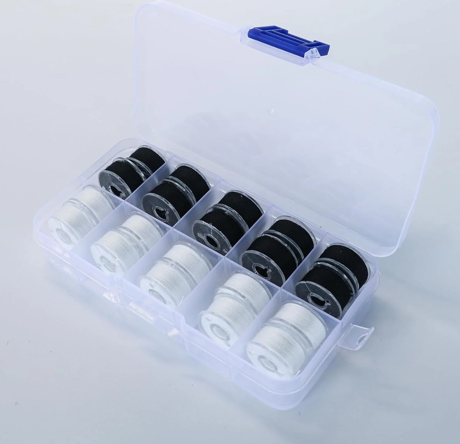 مجموعه ماسوره های از پیش پیچیده شده با جعبه نگهداری، بسته 20 عددی نخ سیاه و سفید، نخ چرخ خیاطی