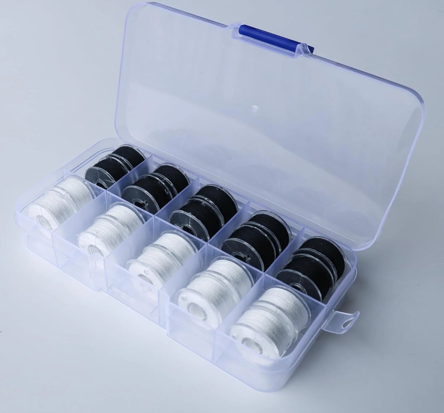 مجموعه ماسوره های از پیش پیچیده شده با جعبه نگهداری، بسته 20 عددی نخ سیاه و سفید، نخ چرخ خیاطی