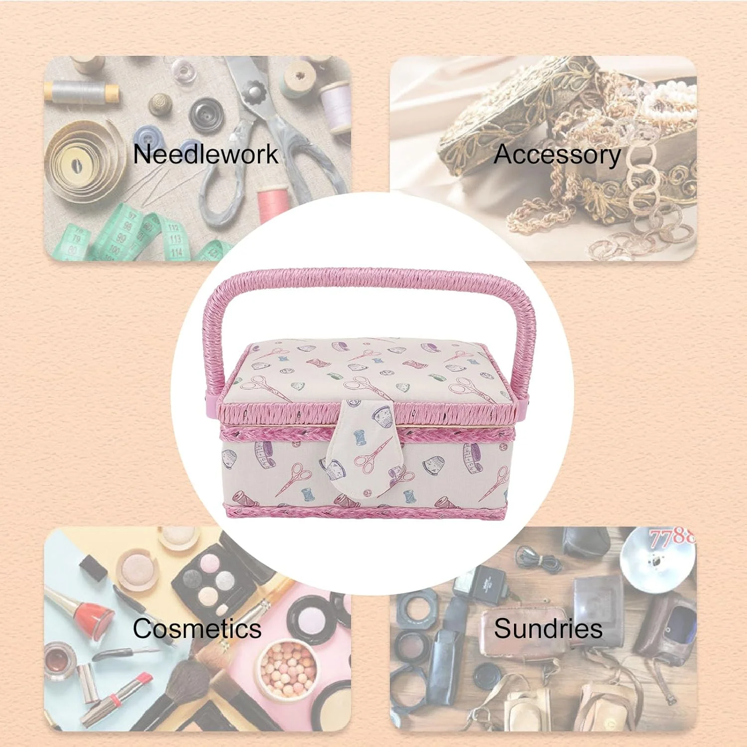 جعبه خیاطی بزرگ، جعبه سازمان دهنده خیاطی قابل حمل با طرح قدیمی به همراه سینی جداشدنی، جعبه نگهداری لوازم خیاطی دست ساز پارچه ای برای تعمیرات خیاطی، مناسب مبتدیان و حرفه ای ها