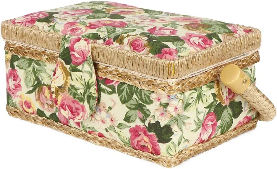 سبد خیاطی، سبد خیاطی خانگی قابل حمل، برای دکمه ها و قیچی (گل رز شبانی)