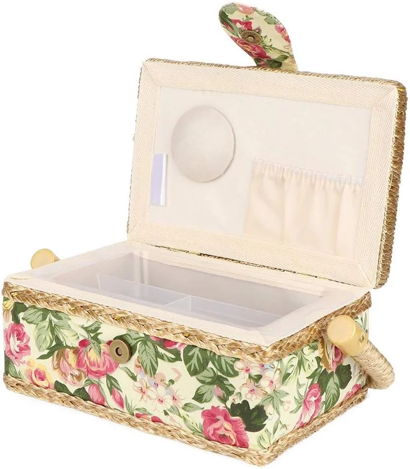 سبد خیاطی خانگی قابل حمل، سبد خیاطی پارچه ای شیک دو لایه، سوزن قرقره برای قیچی دکمه (گل رز باغی) Wzsydn