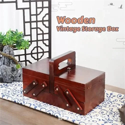 جعبه خیاطی، جعبه خیاطی چوبی تاشو قابل حمل با محفظه، نخ دوخت سبد خیاطی جعبه جواهرات لوازم خیاطی کیت خیاطی خانگی برای بزرگسالان (قهوه ای)