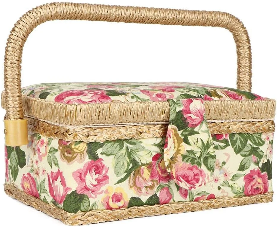 سبد خیاطی پارچه ای بادوام قابل حمل، سبد خیاطی خانگی، منحصر به فرد برای دکمه ها، سوزن ها، قیچی ها، ماسوره ها (گل رز باغی)