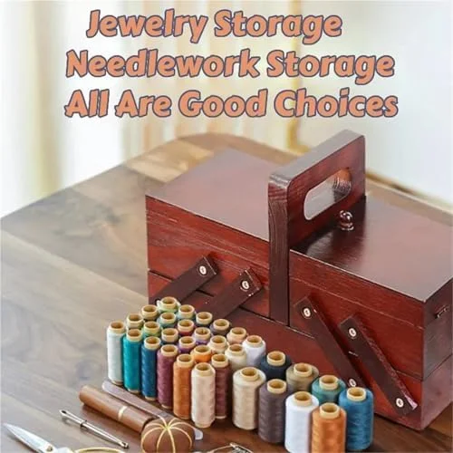 جعبه خیاطی، جعبه خیاطی چوبی تاشو قابل حمل با محفظه، نخ بخیه، سبد خیاطی، جعبه جواهرات، لوازم خیاطی، کیت خیاطی خانگی برای بزرگسالان (قهوه ای)