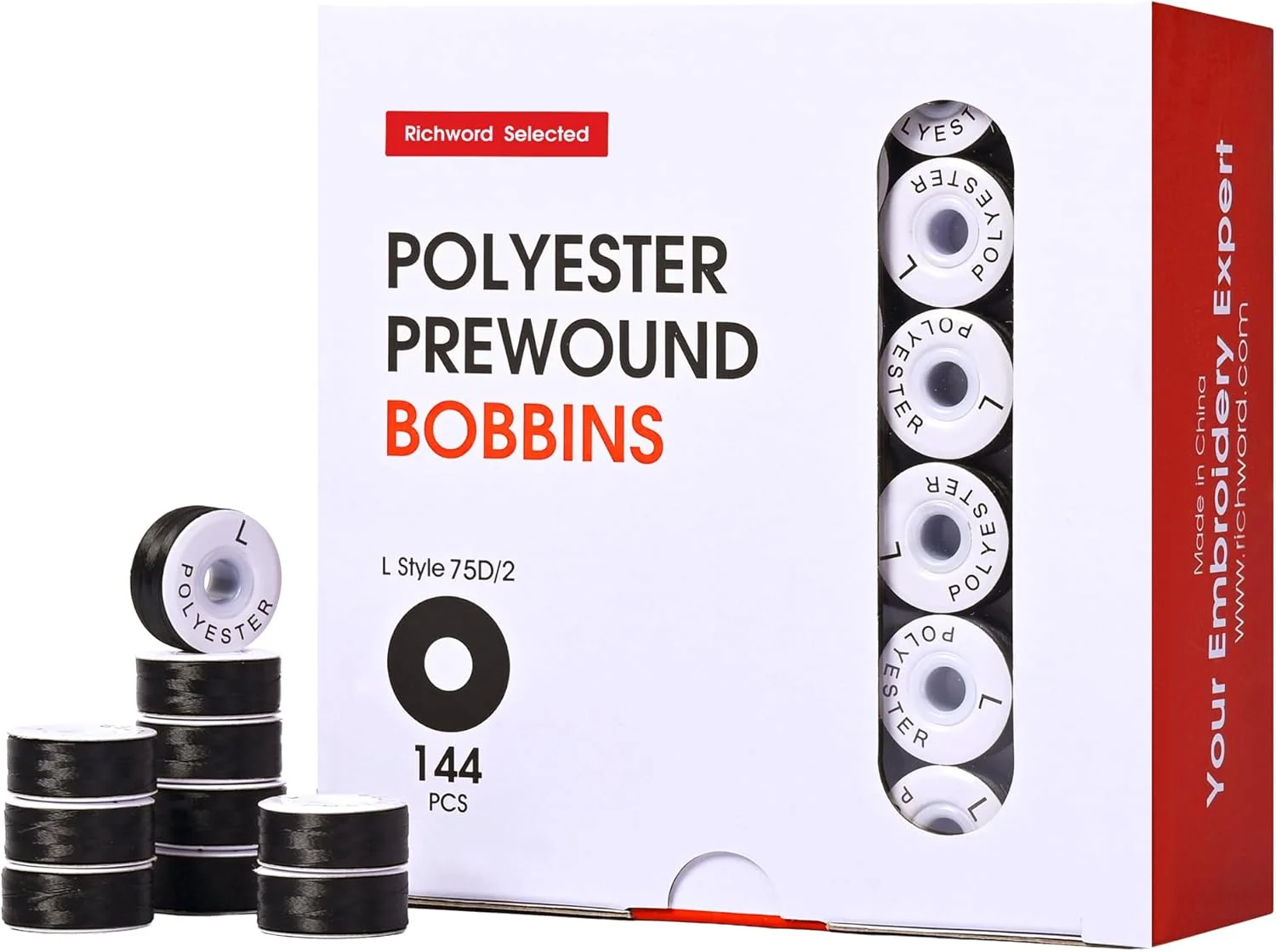 ماسوره های از پیش پیچیده شده Poolin RICHWORD، 144 عدد سایز L(SA155)، نخ ماسوره پلی استر 75D/2(60WT) برای گلدوزی و چرخ خیاطی، 120 یارد (مقوایی مشکی)
