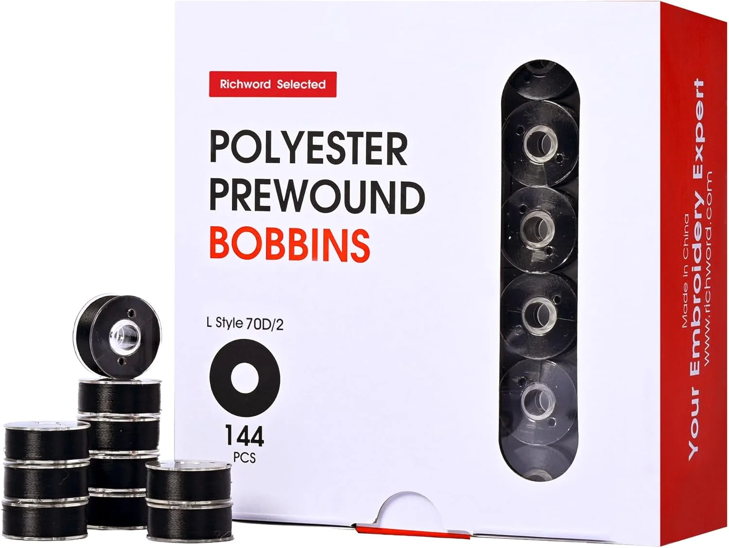 ماسوره های از پیش پیچیده پولین RICHWORD، پلاستیکی، 144 عدد سایز L(SA155)، نخ ماسوره پلی استر 70D/2(60WT) برای ماشین گلدوزی و خیاطی، مشکی 134 یارد