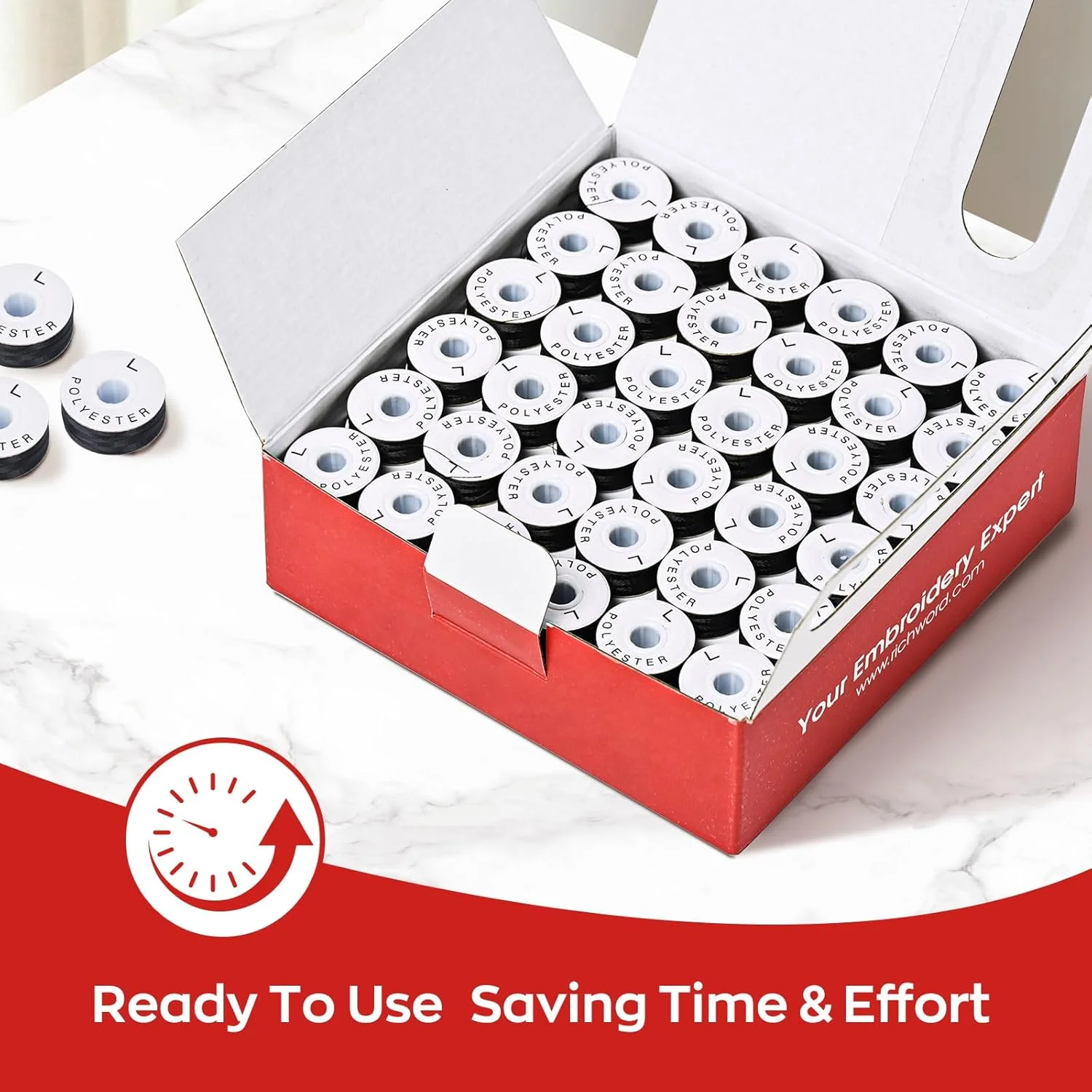 ماسوره های از پیش پر شده پولین ریچورد، مقوایی مشکی 144 عددی سایز L (SA155)، نخ ماسوره پلی استر 70D/2 (60WT) برای گلدوزی و چرخ خیاطی، 134 یارد