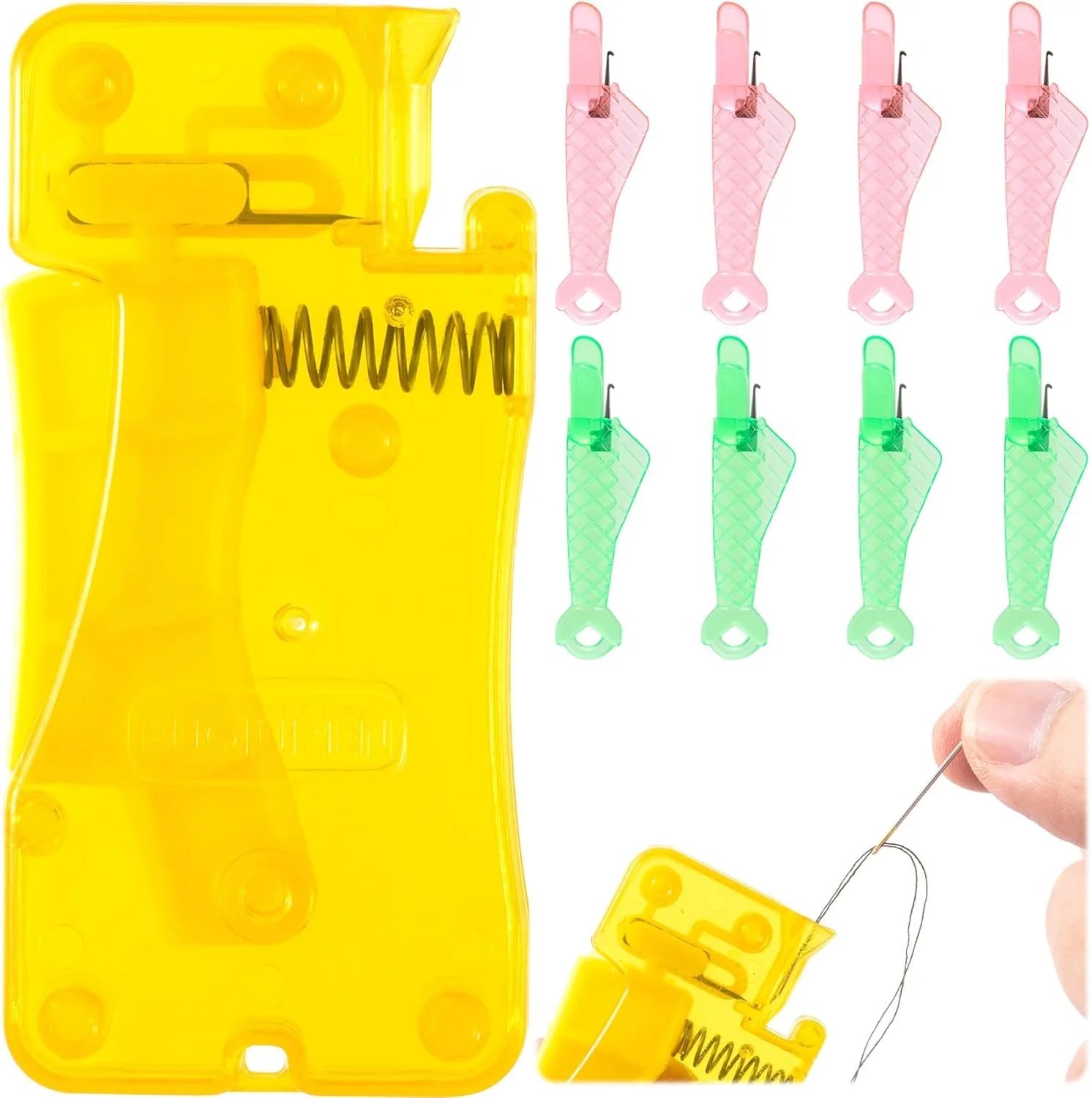 نخ‌کن سوزن ماهی دهان Pndeyo، 9 عددی، برای چرخ خیاطی، ابزار نخ‌کن سریع سوزن خیاطی، لوازم جانبی حلقه چرخ خیاطی نوع ماهی برای مبتدیان - زرد، سبز و صورتی