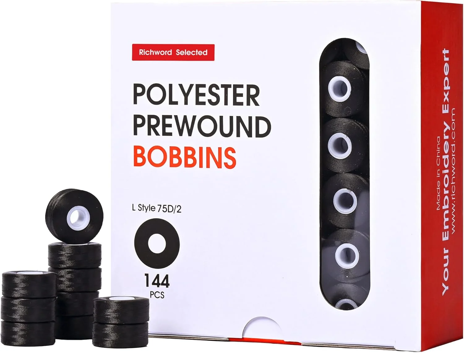 ماسوره های از پیش پر شده پولین ریچورد، 144 عدد سایز L(SA155)، نخ ماسوره پلی استر 75D/2(60WT) برای گلدوزی و چرخ خیاطی، 120 یارد (مشکی، بدون لبه)