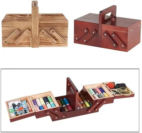 جعبه خیاطی، جعبه خیاطی چوبی قابل حمل با محفظه، سبد نخ و سوزن بزرگ برای جواهرات، دکمه ها، کارت ها، سازمان دهنده میز برای کیت های خیاطی بزرگسالان (قرمز)